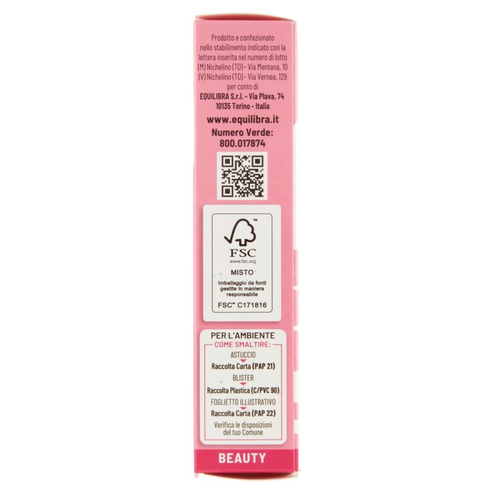 Lato della confezione di Equilibra® Cheratina Beauty. Contiene informazioni sullo smaltimento e la certificazione FSC.