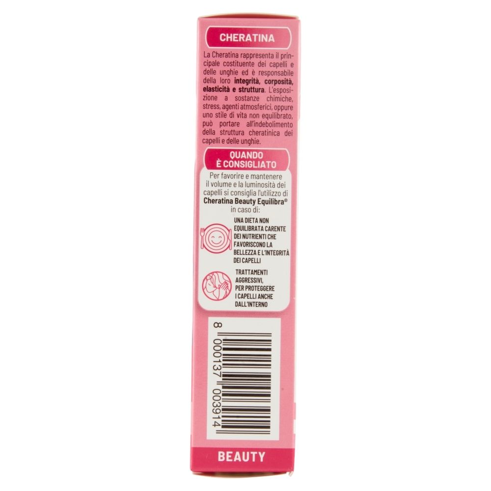 Lato della confezione di Equilibra® Cheratina Beauty. Contiene informazioni sull'uso e gli ingredienti.
