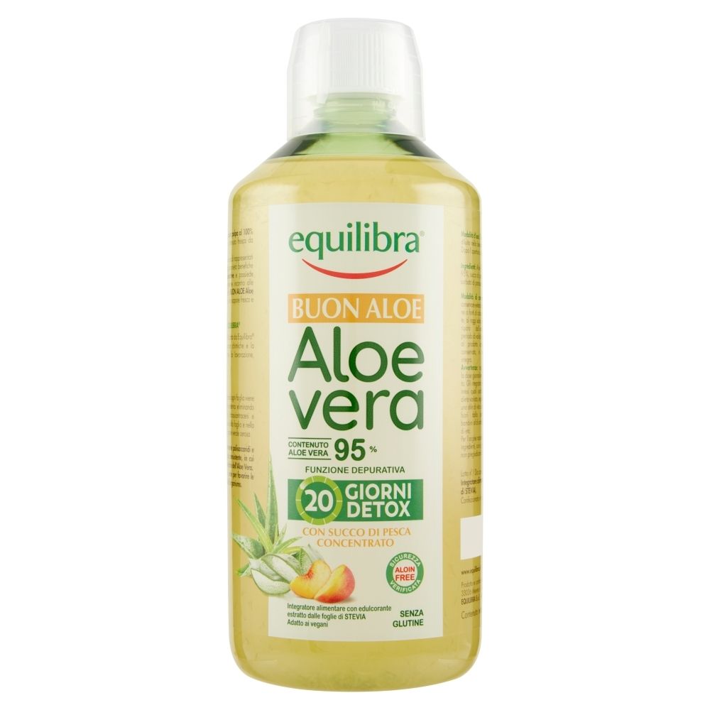 Bottiglia di Aloe Vera Equilibra. Tappo bianco, liquido verde, etichetta con informazioni e illustrazione di pesca.