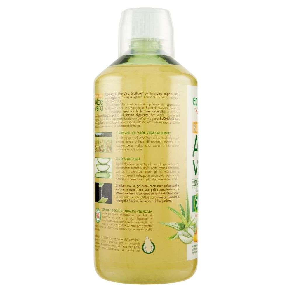 Retro della bottiglia di Aloe Vera Equilibra. Informazioni testuali, illustrazioni di foglie di aloe e informazioni prodotto.