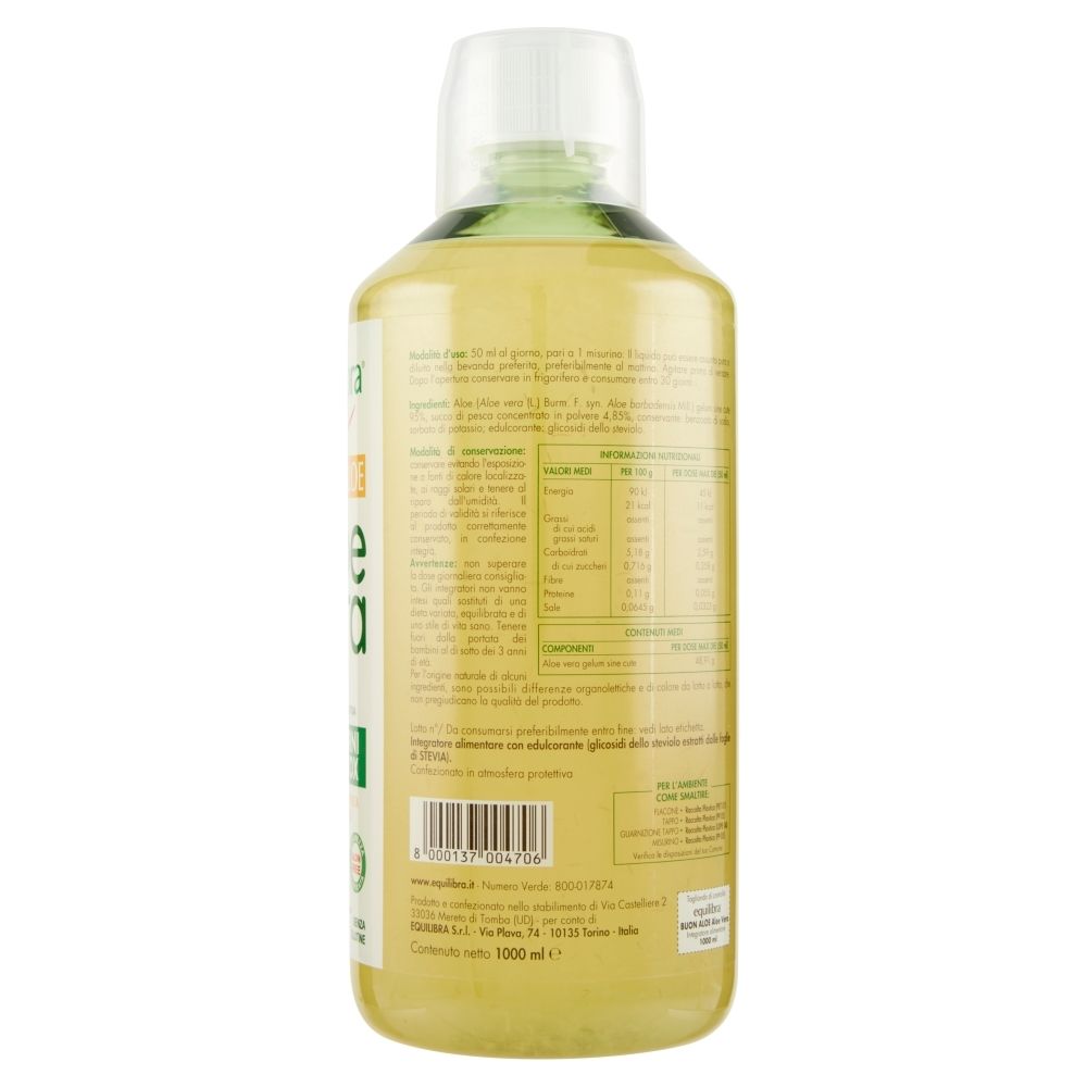 Retro della bottiglia di Aloe Vera Equilibra. Informazioni testuali, tabella nutrizionale e informazioni prodotto.