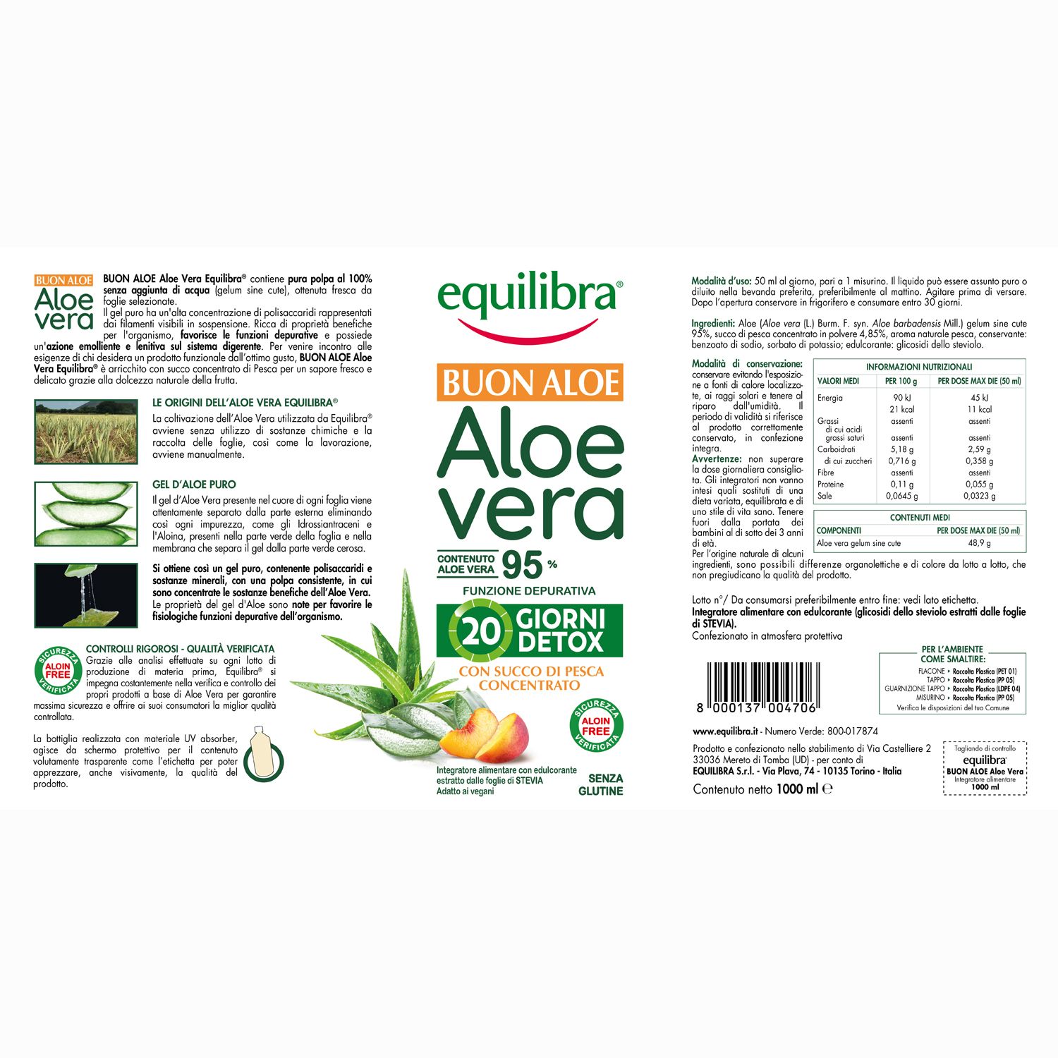Bottiglia di Aloe Vera Equilibra. Fronte e retro con informazioni prodotto, illustrazioni e tabella nutrizionale.