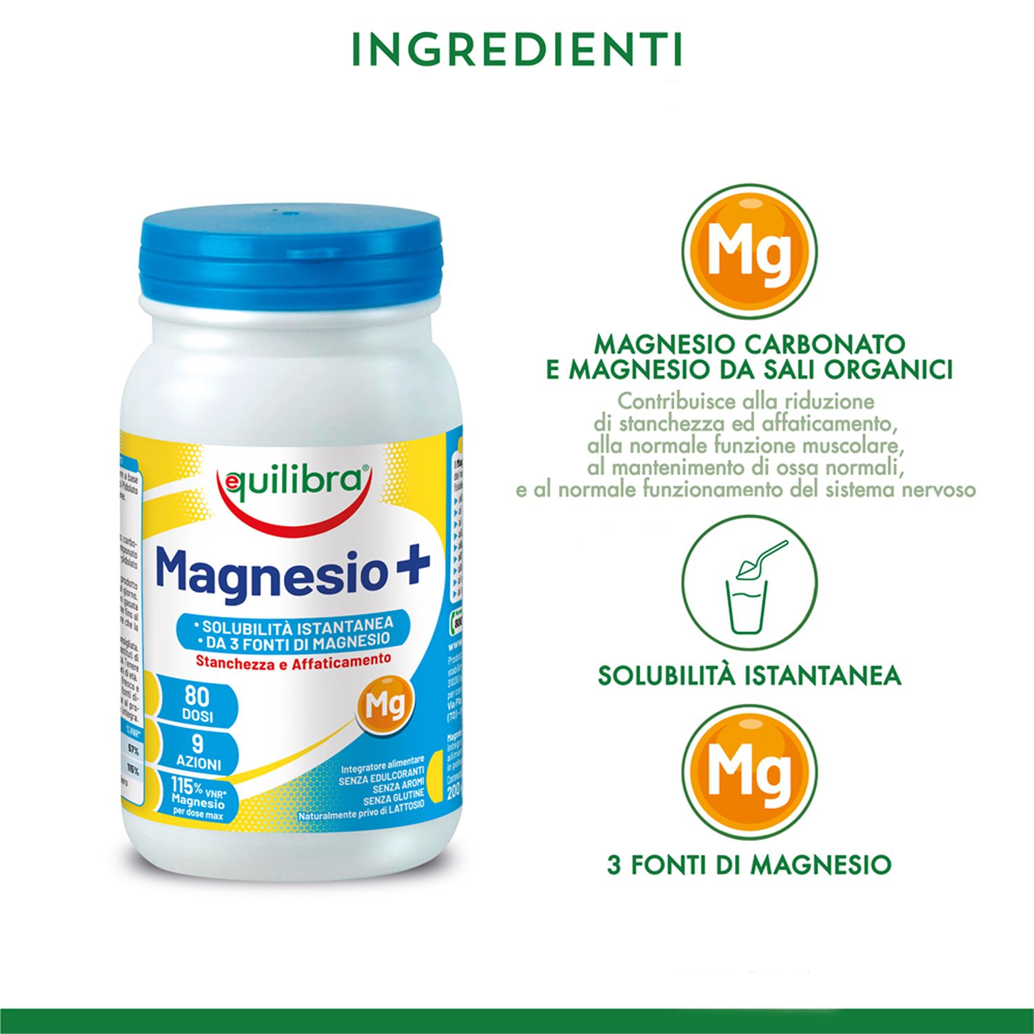 Barattolo bianco con coperchio blu. Scritta: Equilibra Magnesio +.