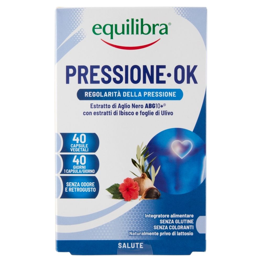 Confezione di Equilibra® Pressione OK. Contiene 40 capsule. Testo: 'Regolarità della pressione'.