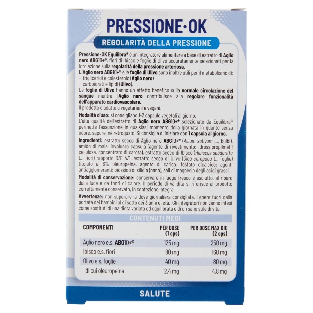 Retro della confezione di Equilibra® Pressione OK. Testo sugli ingredienti e l'uso.