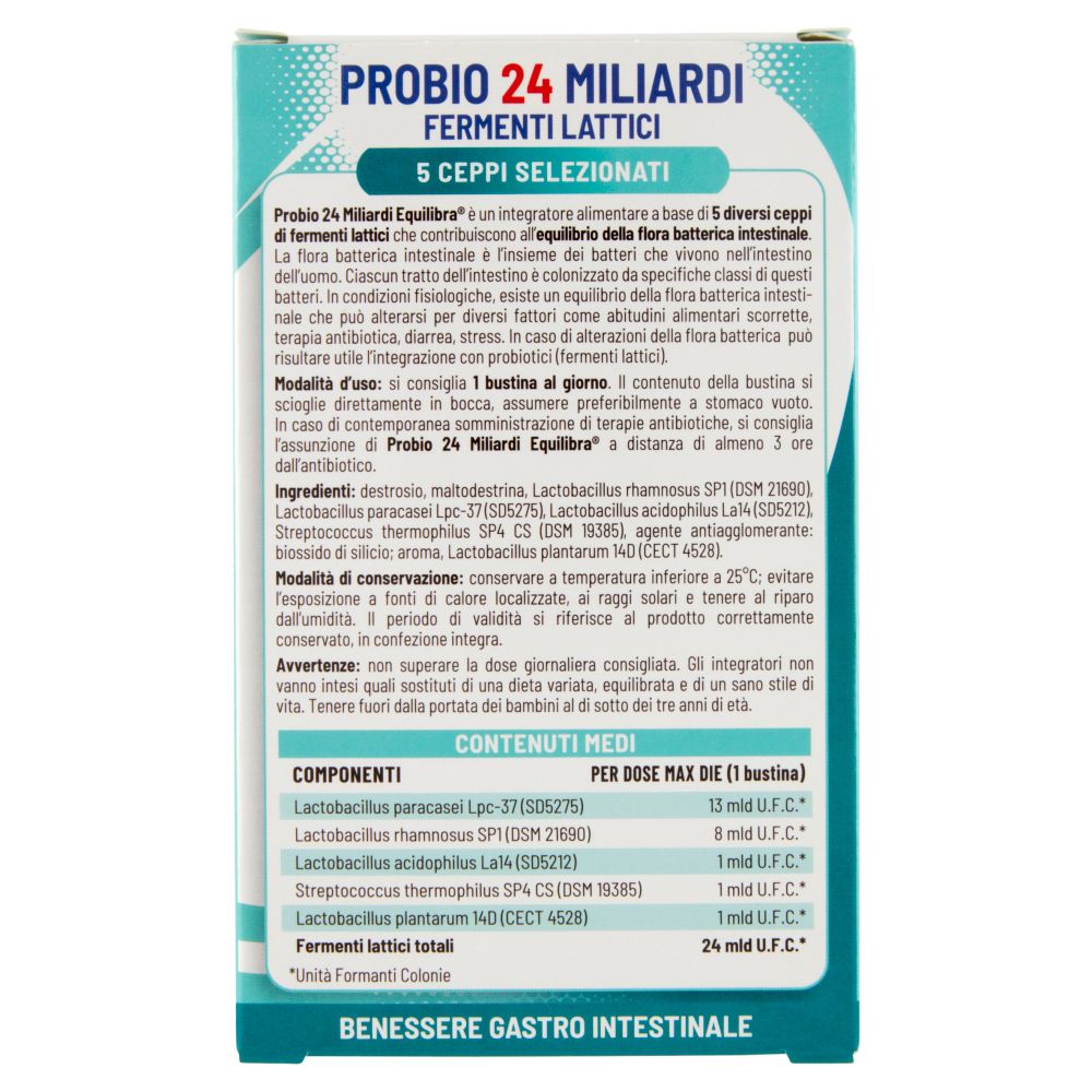 Rückseite der Verpackung von Equilibra® Probio 24. Text in italienischer Sprache. Enthält Informationen zu Inhaltsstoffen und Anwendung.