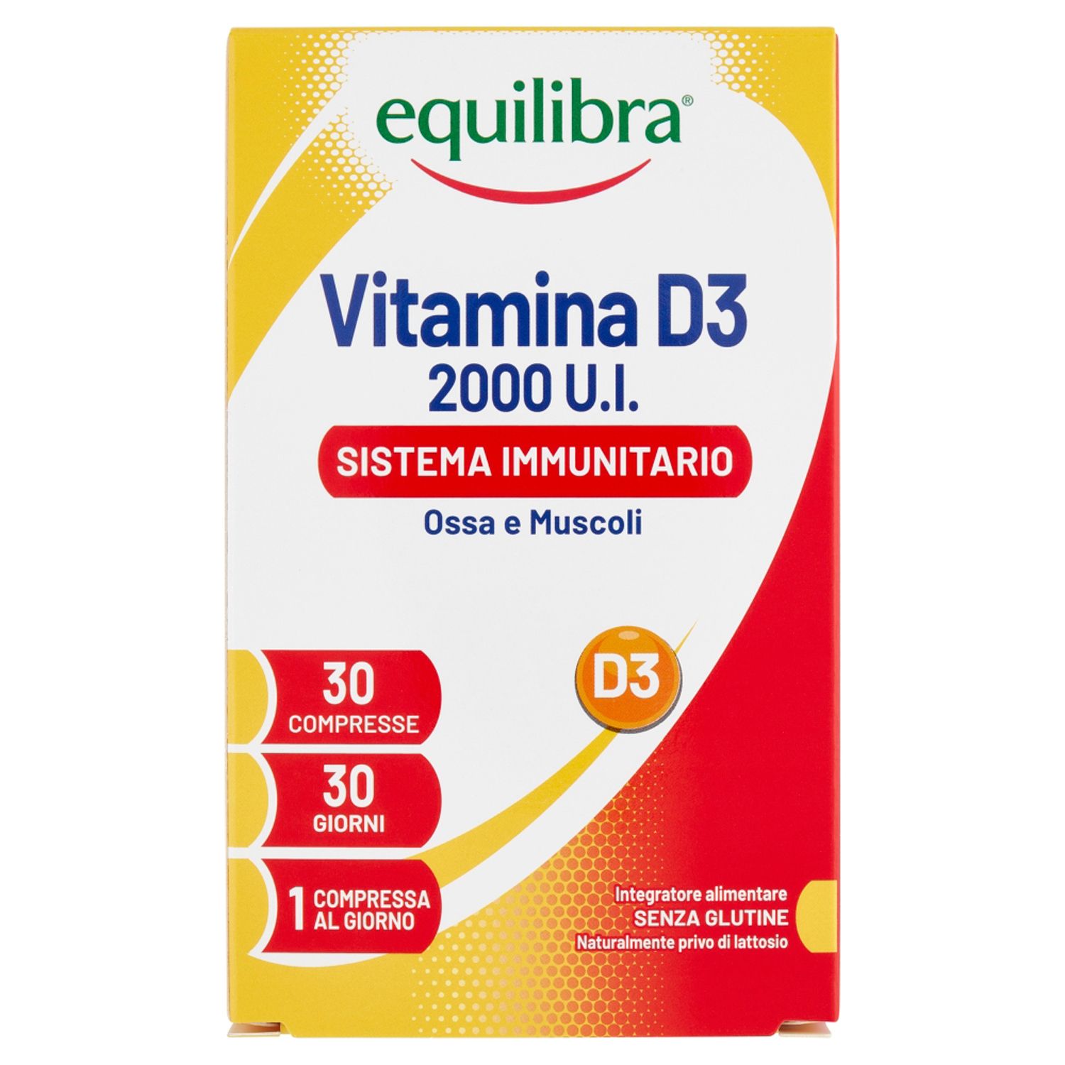 Boîte de comprimés à croquer Equilibra Vitamine D3 2000 U.I. Jaune et rouge, avec nom du produit et informations.