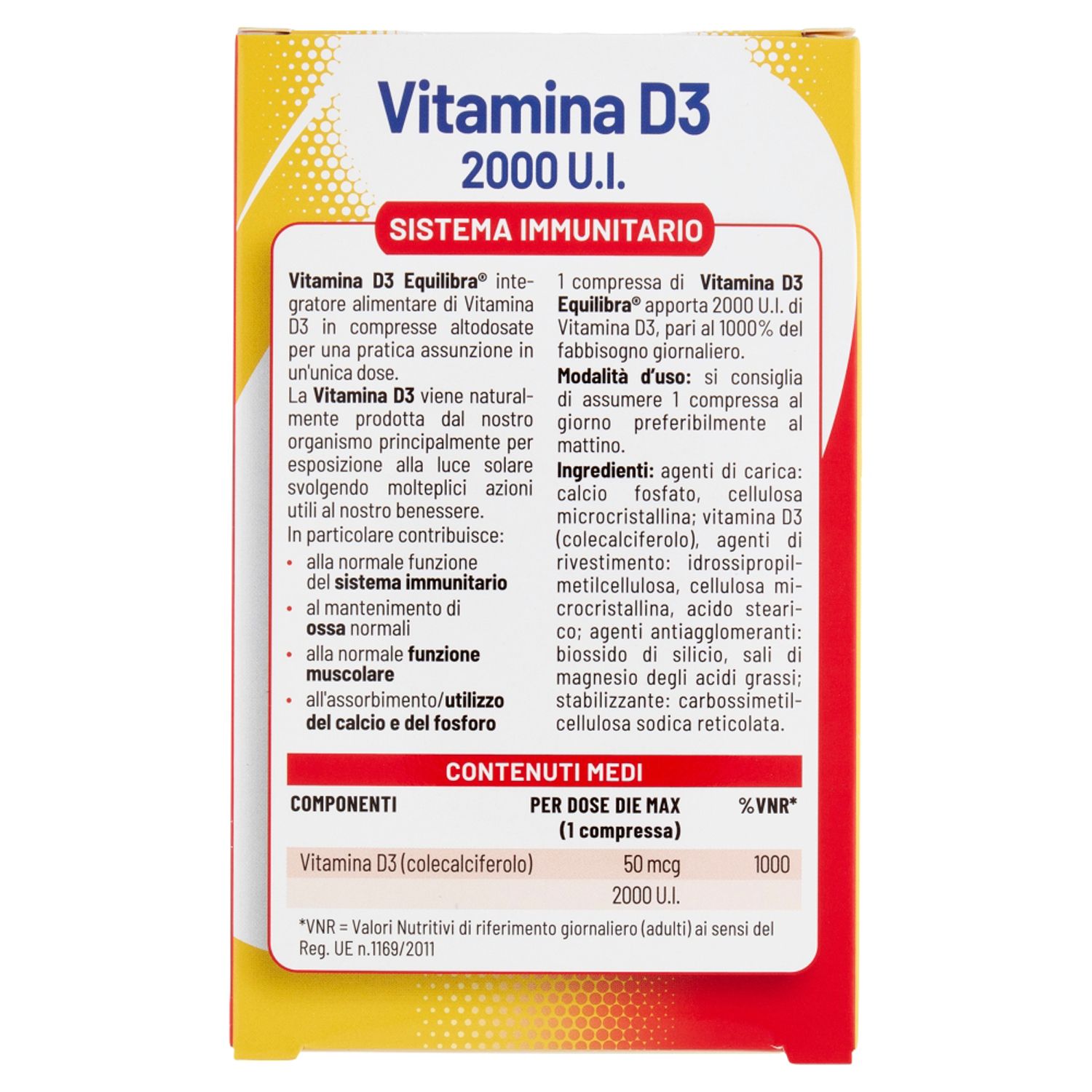 Dos de la boîte de Vitamine D3 Equilibra. Contient des informations sur les ingrédients et les valeurs nutritionnelles.