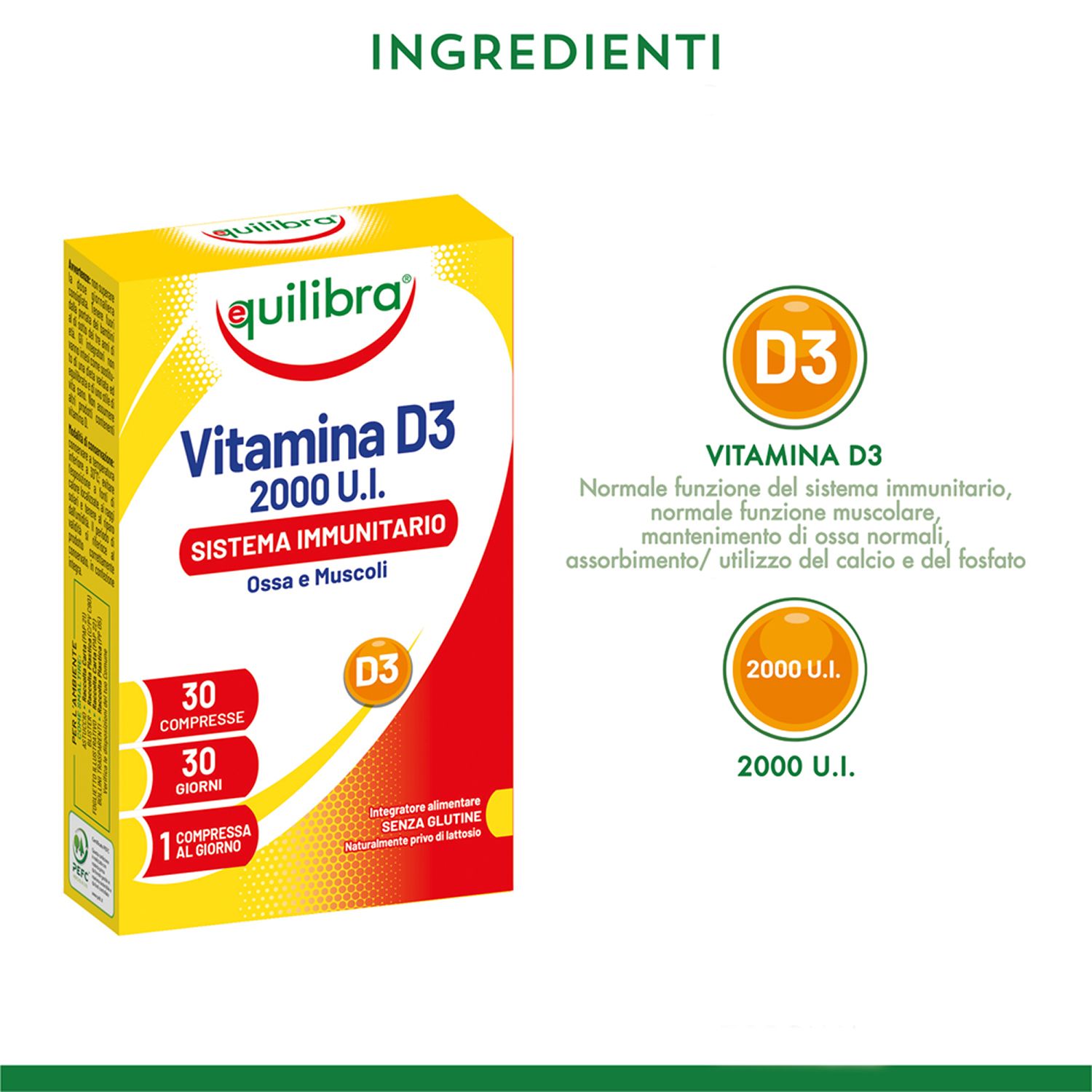 Boîte de comprimés à croquer Equilibra Vitamine D3 2000 U.I. Jaune et rouge, avec nom et ingrédients.