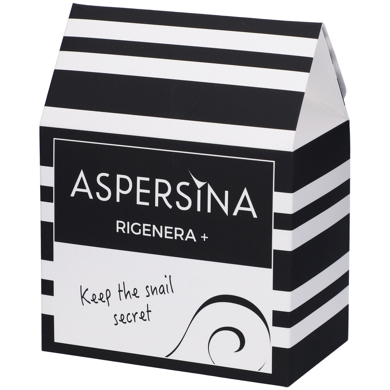 Confezione a righe bianche e nere. Scritta: ASPERSINA, RIGENERA +, Keep the snail secret.