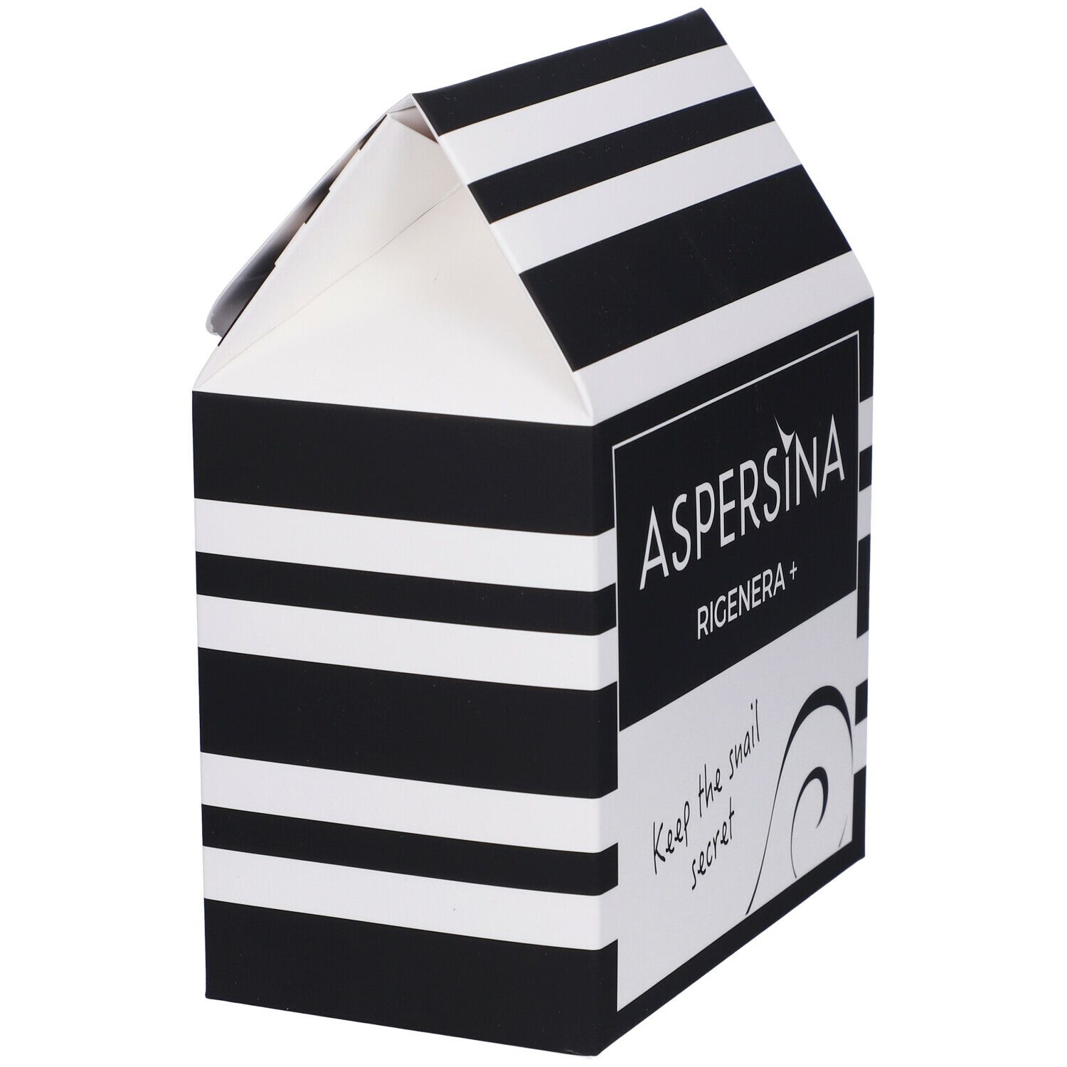 Confezione aperta a righe bianche e nere. Scritta: ASPERSINA, RIGENERA +, Keep the snail secret.