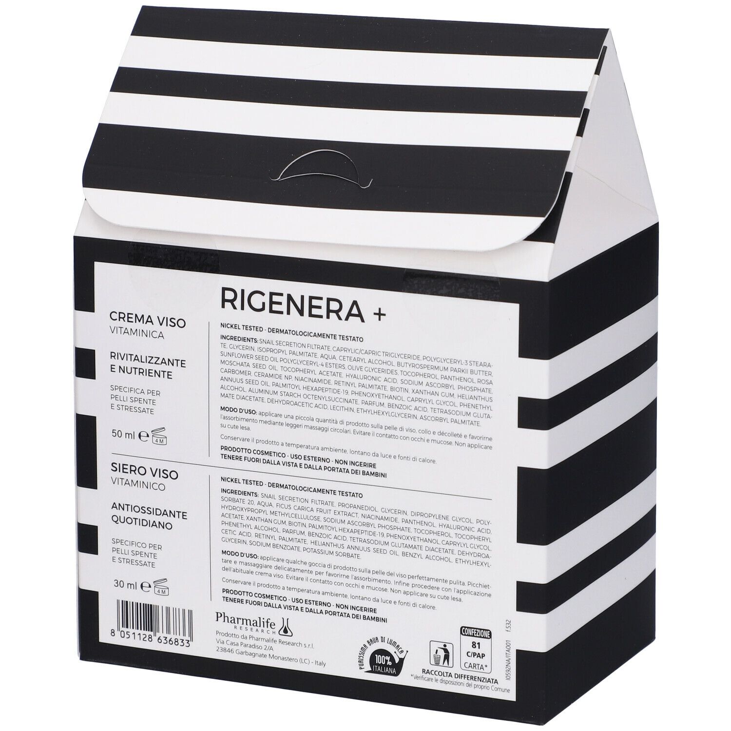 Retro della confezione con testo. Contiene informazioni su crema e siero. A righe bianche e nere.