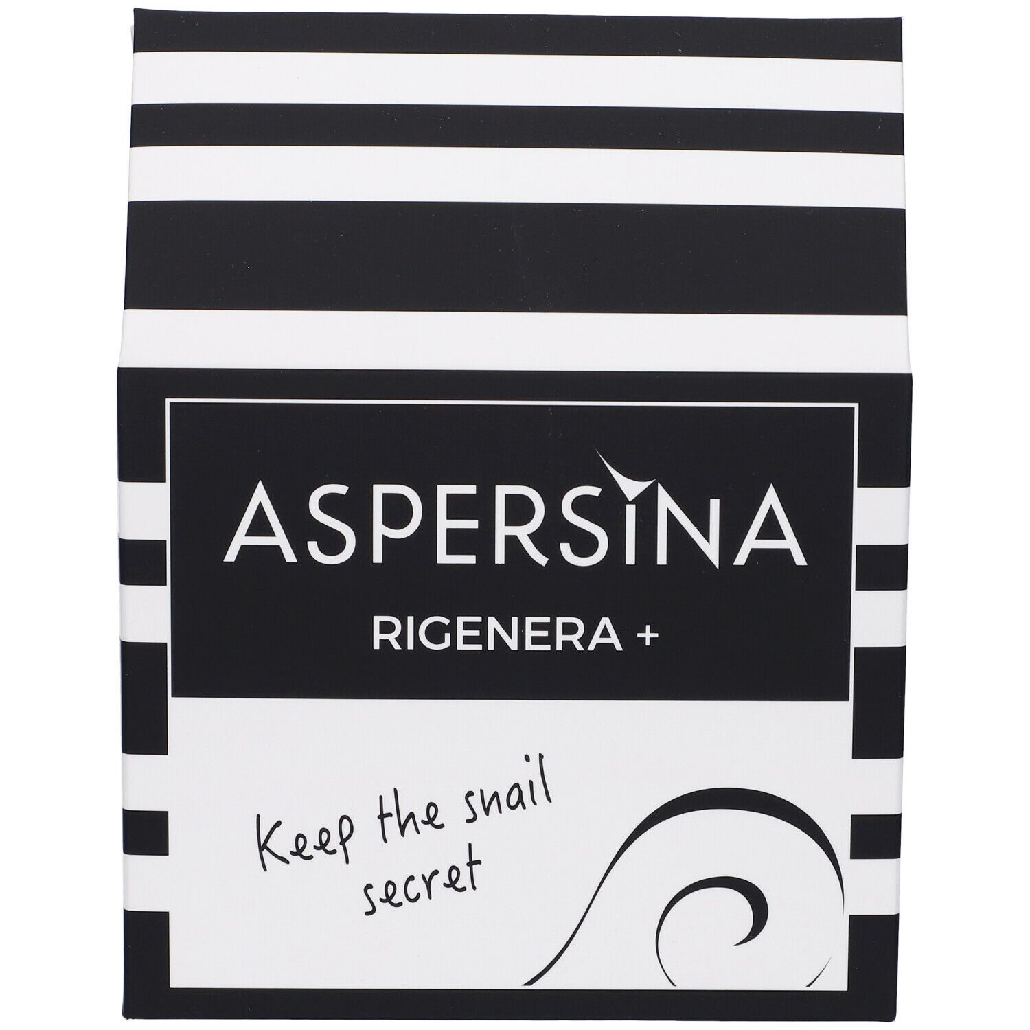 Confezione a righe bianche e nere. Scritta: ASPERSINA, RIGENERA +, Keep the snail secret.