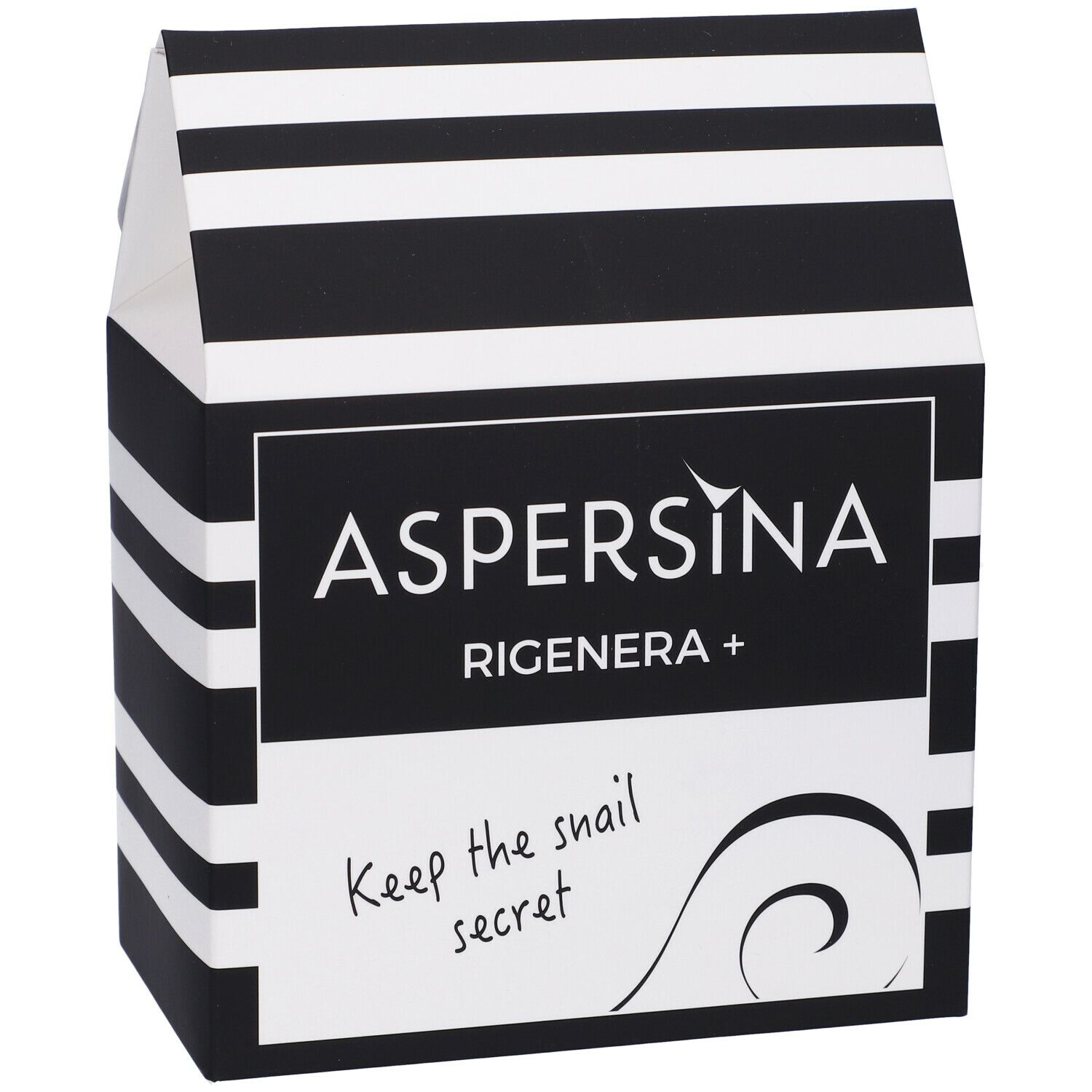 Confezione a righe bianche e nere. Scritta: ASPERSINA, RIGENERA +, Keep the snail secret.