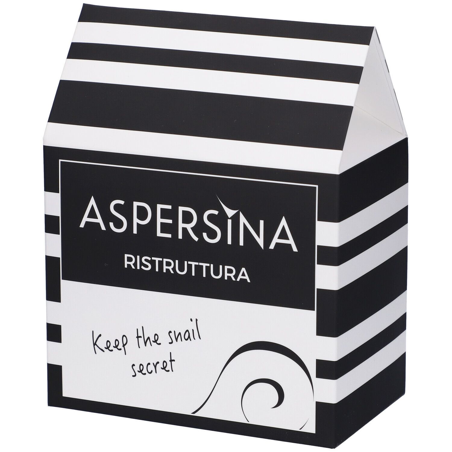 Confezione a righe bianche e nere. Scritta: ASPERSINA Ristruttura. Testo: Keep the snail secret.