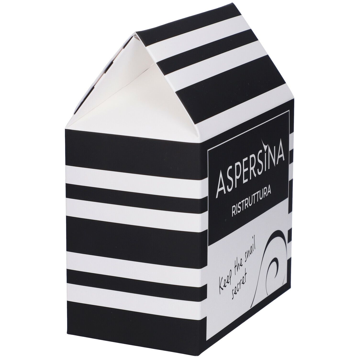 Vista obliqua della confezione a righe bianche e nere. Scritta: ASPERSINA Ristruttura. Testo: Keep the snail secret.