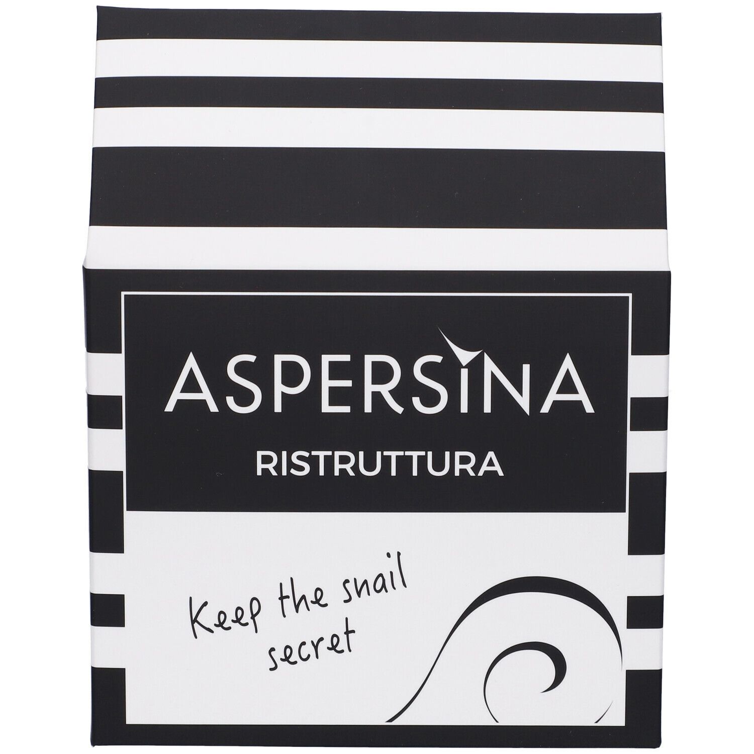 Confezione a righe bianche e nere. Scritta: ASPERSINA Ristruttura. Testo: Keep the snail secret.