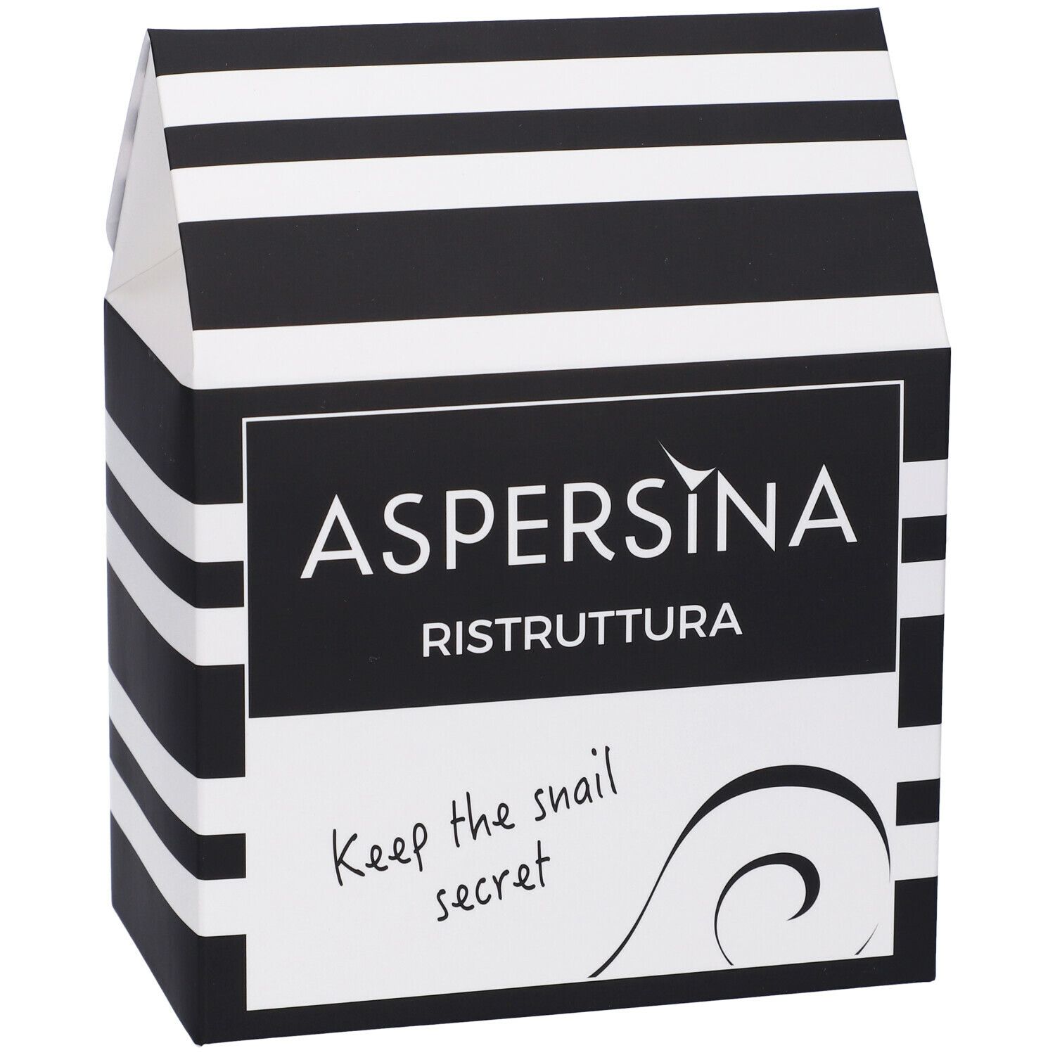 Confezione a righe bianche e nere. Scritta: ASPERSINA Ristruttura. Testo: Keep the snail secret.