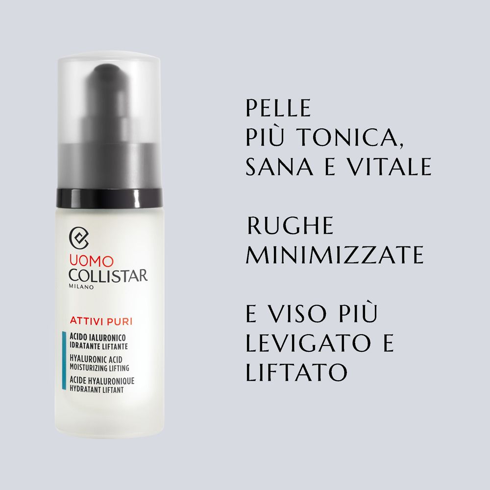 Collistar Uomo Hyaluronsäure Serum. Text: Straffere, gesunde und vitale Haut. Minimierte Falten. Glatteres und geliftetes Gesicht.
