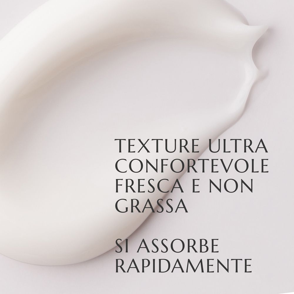 Textur von Collistar Uomo Hyaluronsäure Serum. Text: Ultra-komfortable, frische und nicht fettende Textur. Zieht schnell ein.