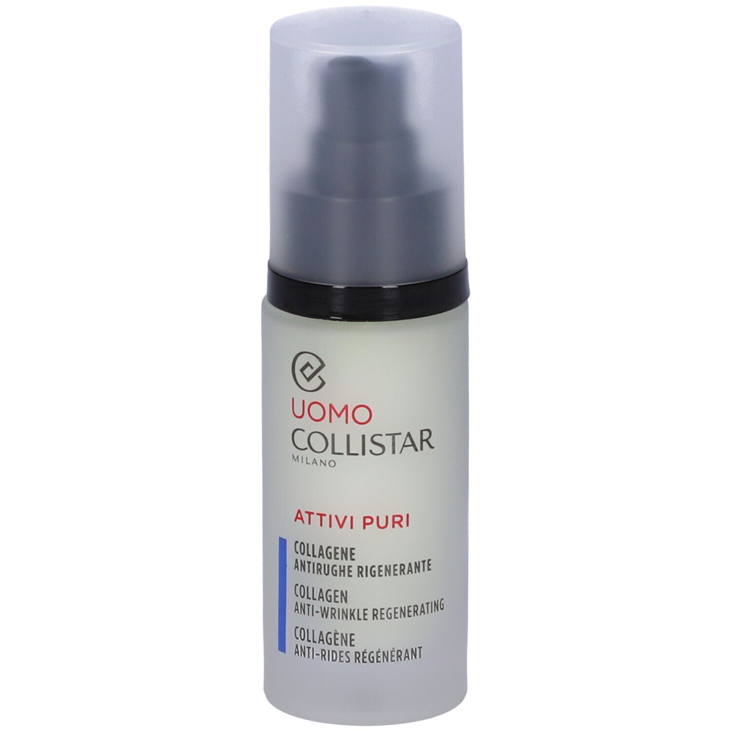 Flacone con dosatore. Uomo Collistar Milano, Attivi Puri Collagen. Testo: Anti-rughe rigenerante.