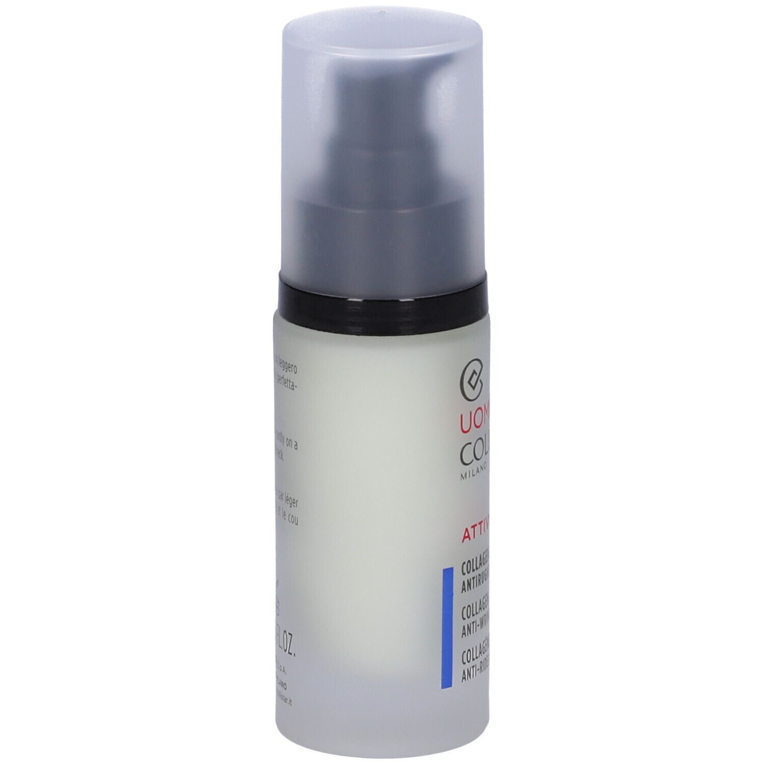 Retro del flacone. Uomo Collistar Milano, Attivi Puri Collagen. Testo e ingredienti.