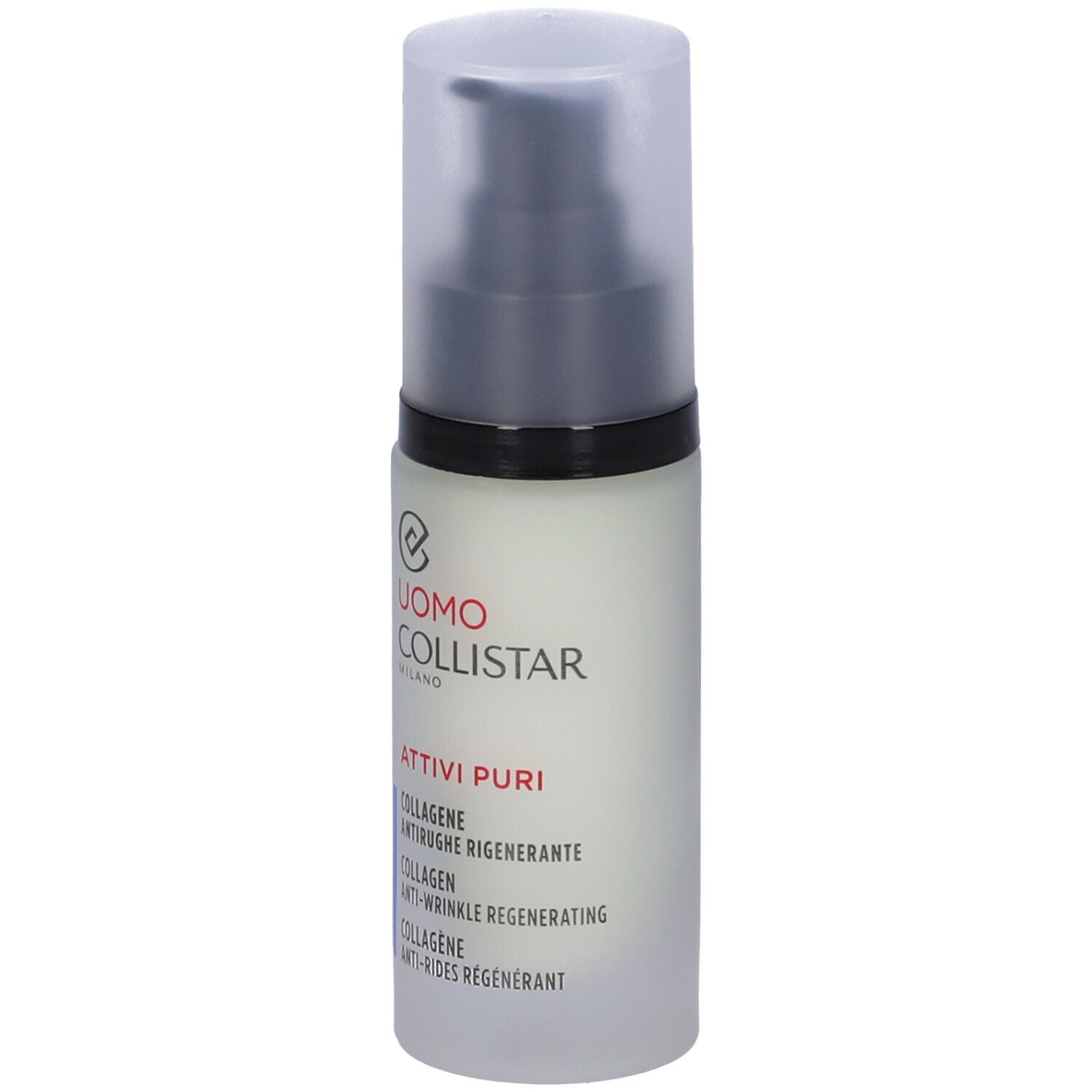 Flacone con dosatore. Uomo Collistar Milano, Attivi Puri Collagen. Testo: Anti-rughe rigenerante.