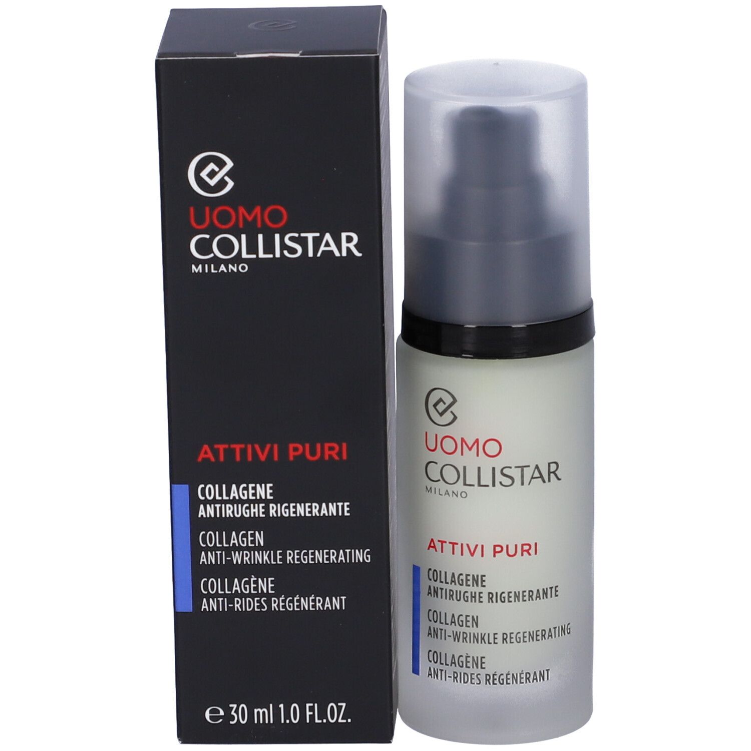 Prodotto con confezione. Uomo Collistar Milano, Attivi Puri Collagen. Testo: Anti-rughe rigenerante.