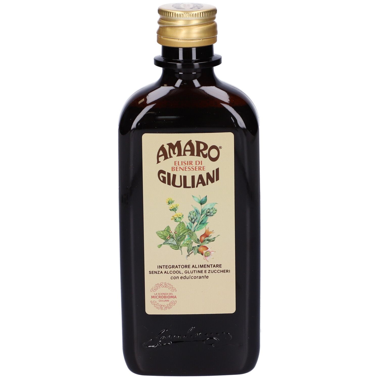 Bottiglia di vetro marrone con tappo dorato. Etichetta: Amaro Giuliani, Elixir di Benessere. Illustrazione di piante.