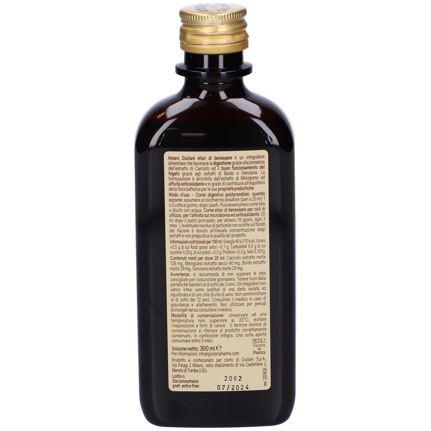 Retro della bottiglia. Testo con informazioni sul prodotto, ingredienti e valori nutrizionali. Scadenza: 07/2024.