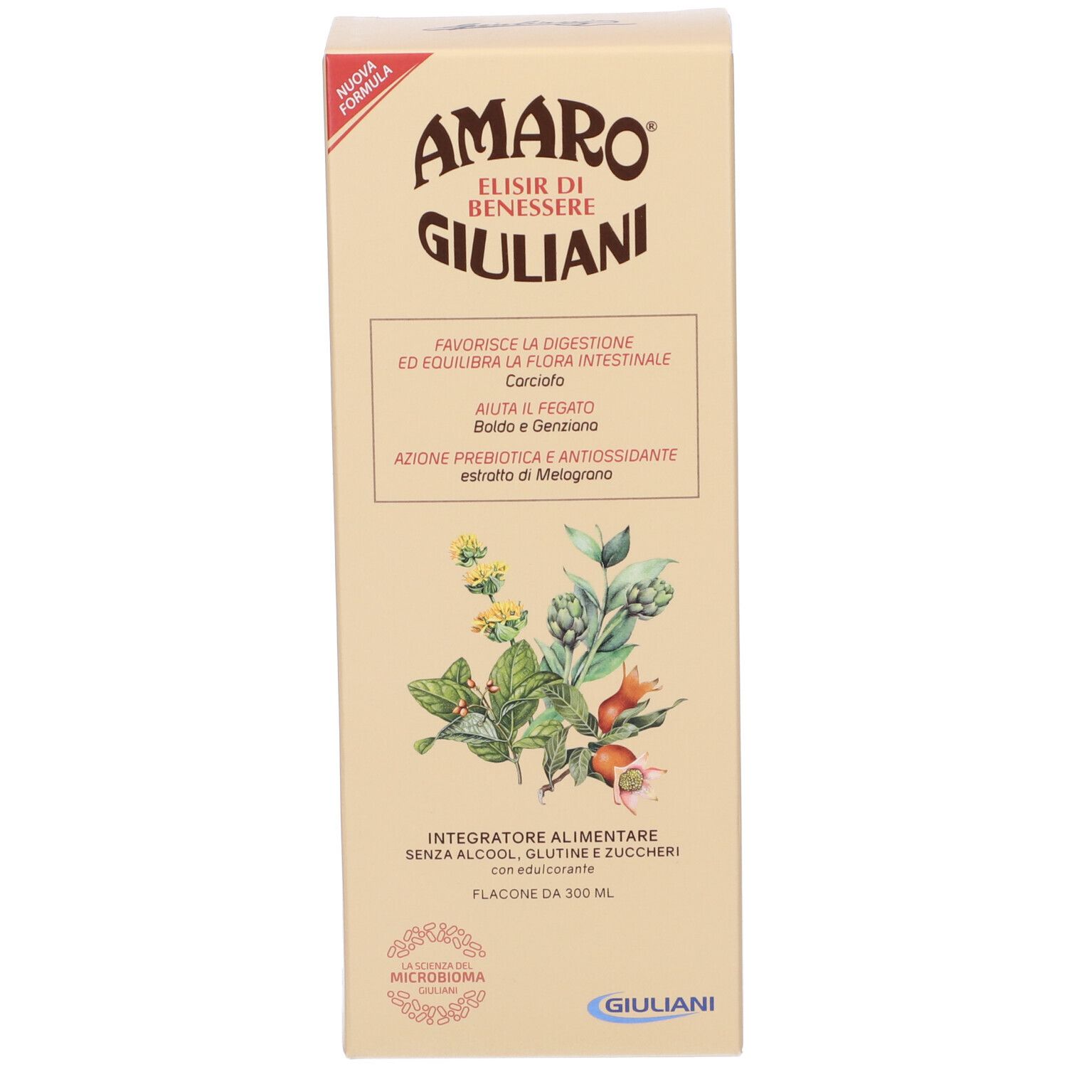Confezione beige del prodotto. Testo: Amaro Giuliani, Elixir di Benessere. Illustrazione di piante. Bottiglia 300 ml.