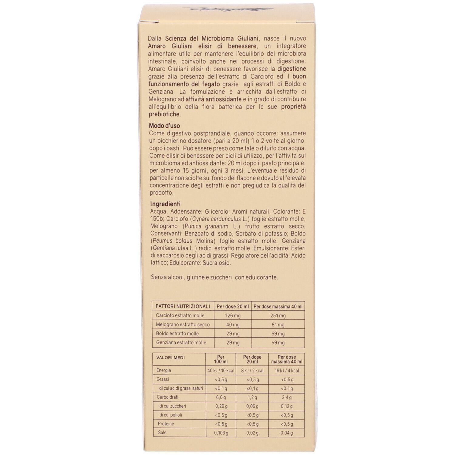 Retro della confezione del prodotto. Testo con informazioni sul prodotto, ingredienti e valori nutrizionali.