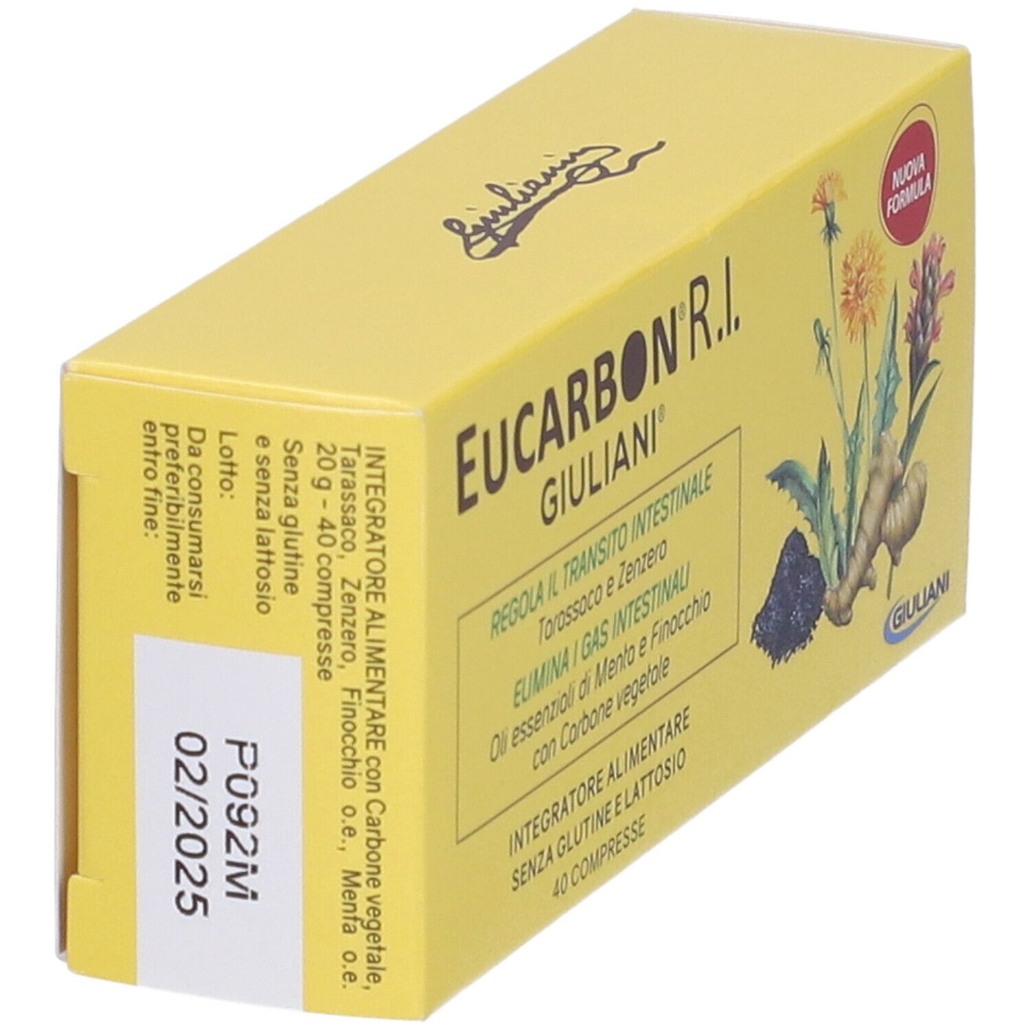 Scatola gialla EUCARBON R.I. Giuliani. Testo: Regola il transito intestinale, Elimina i gas intestinali. 40 compresse. Nuova formula.