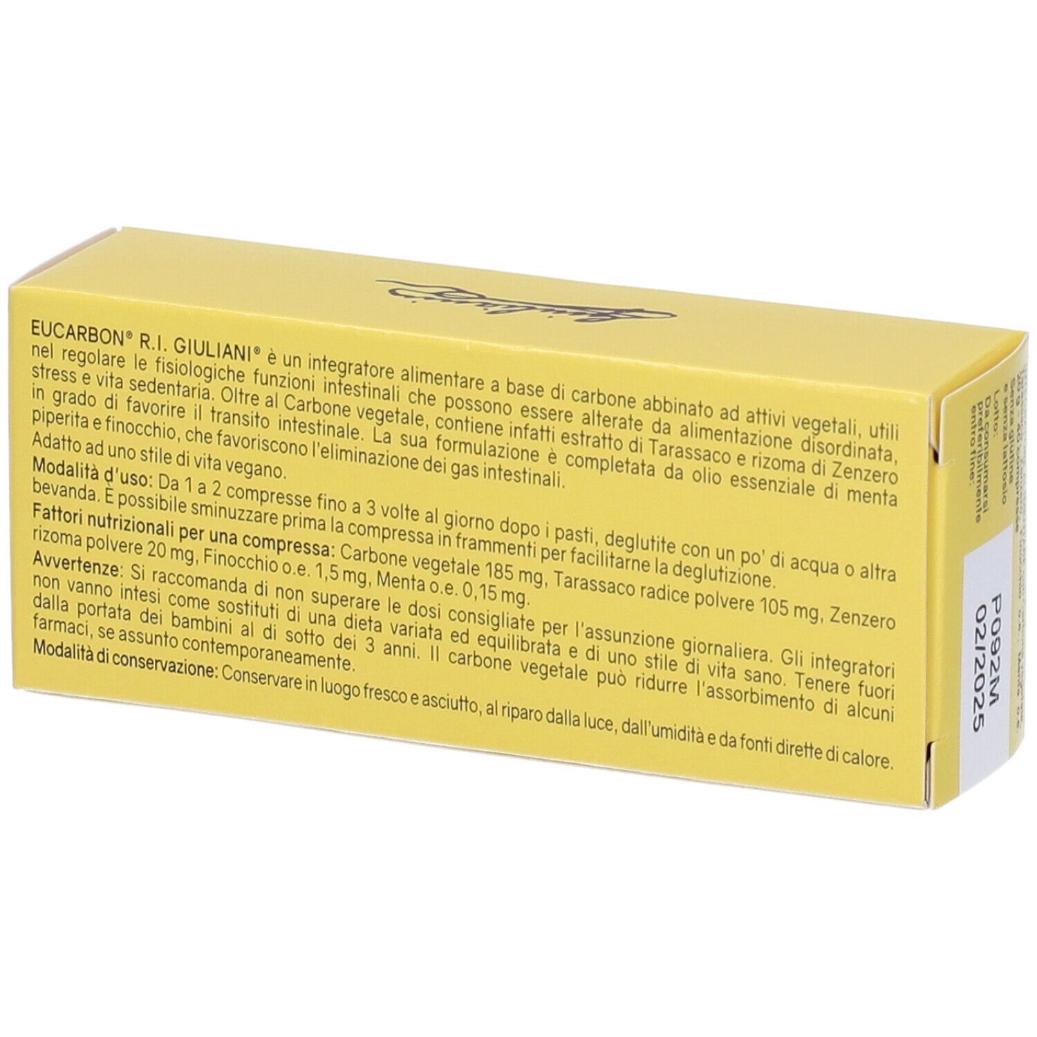 Scatola gialla EUCARBON R.I. Giuliani. Testo sul retro. Codice a barre e scadenza 02/2025.