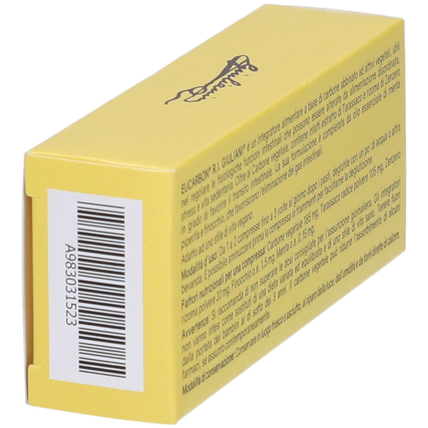 Scatola gialla EUCARBON R.I. Giuliani. Testo sul retro. Codice a barre.