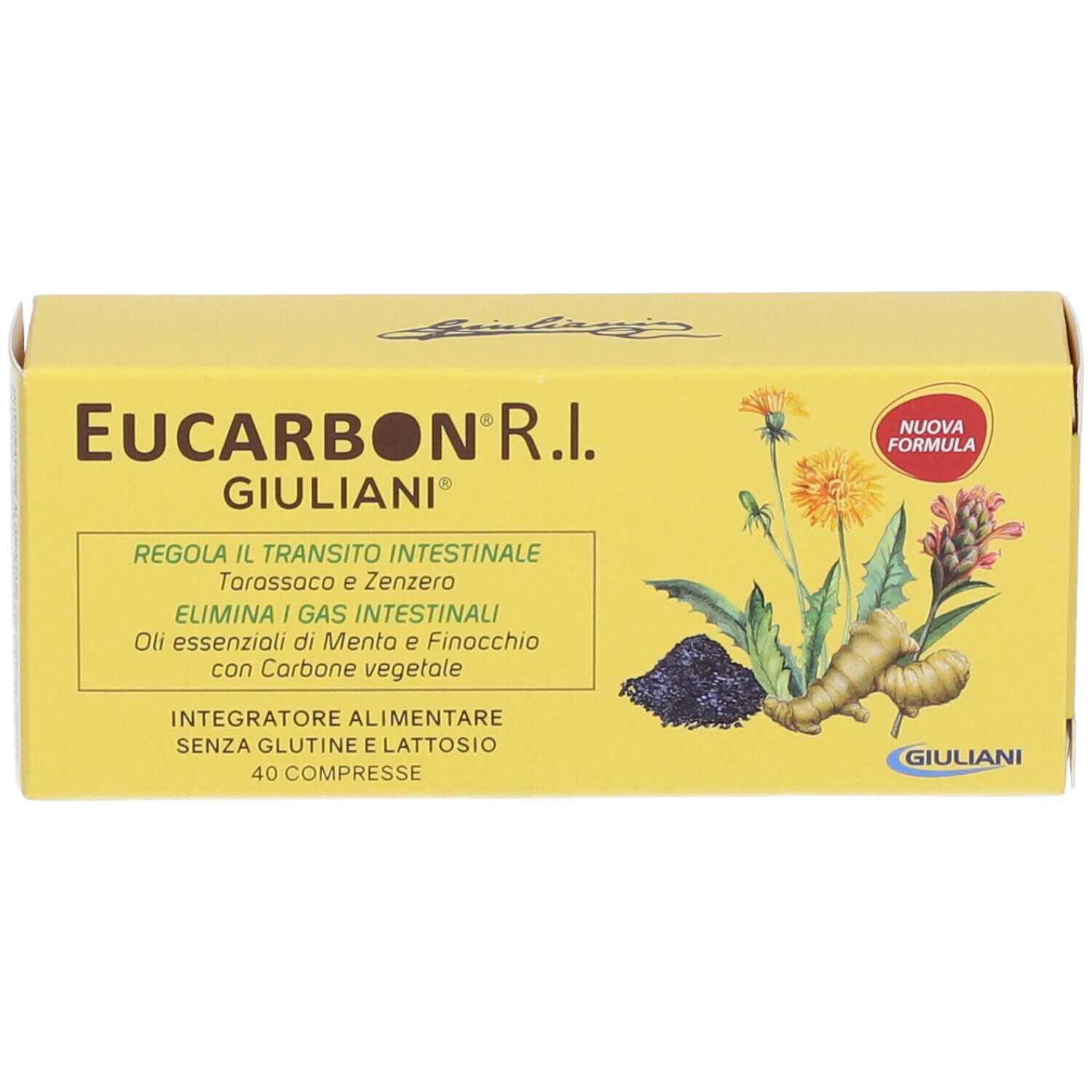 Scatola gialla EUCARBON R.I. Giuliani. Testo: Regola il transito intestinale, Elimina i gas intestinali. 40 compresse. Nuova formula.