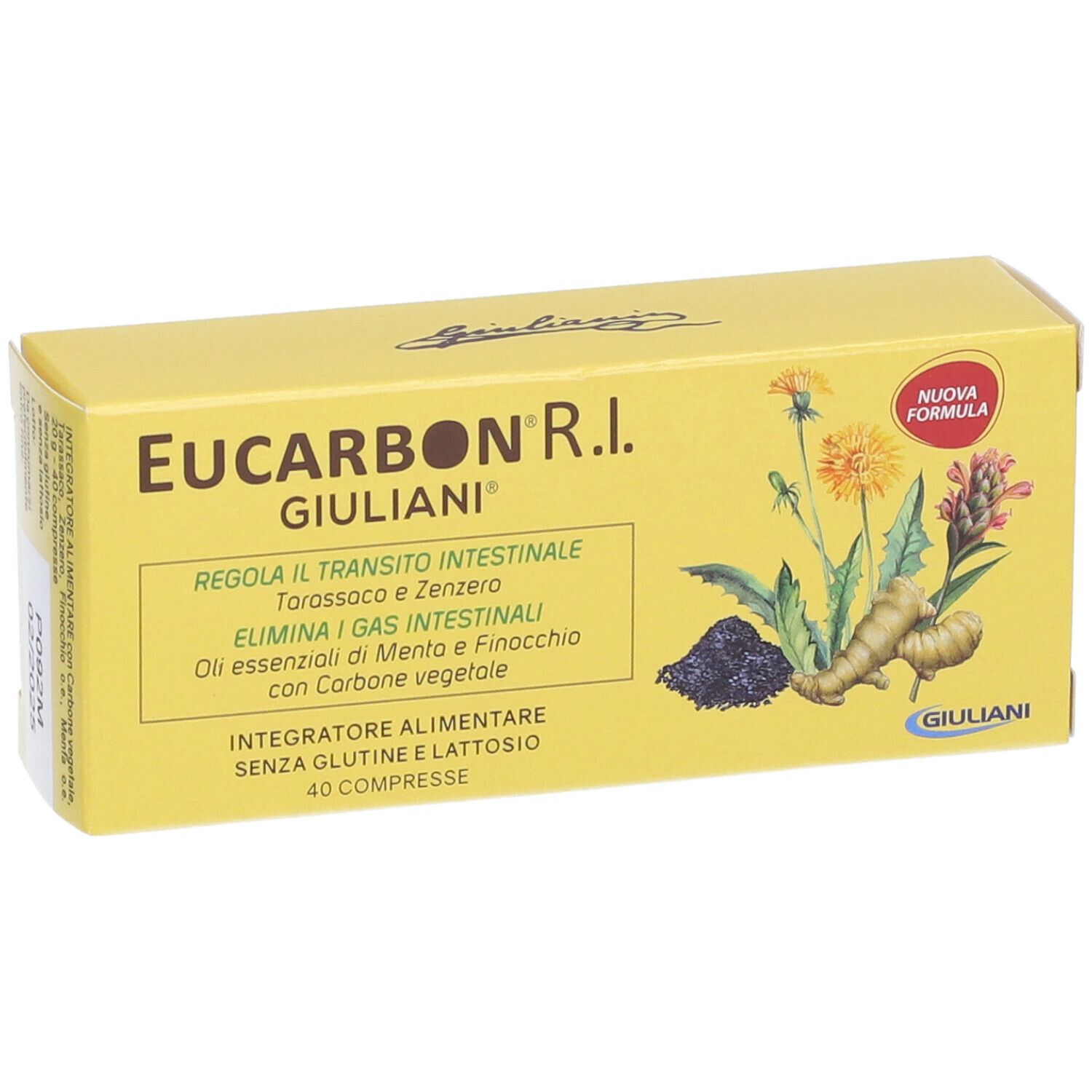 Scatola gialla EUCARBON R.I. Giuliani. Testo: Regola il transito intestinale, Elimina i gas intestinali. 40 compresse. Nuova formula.