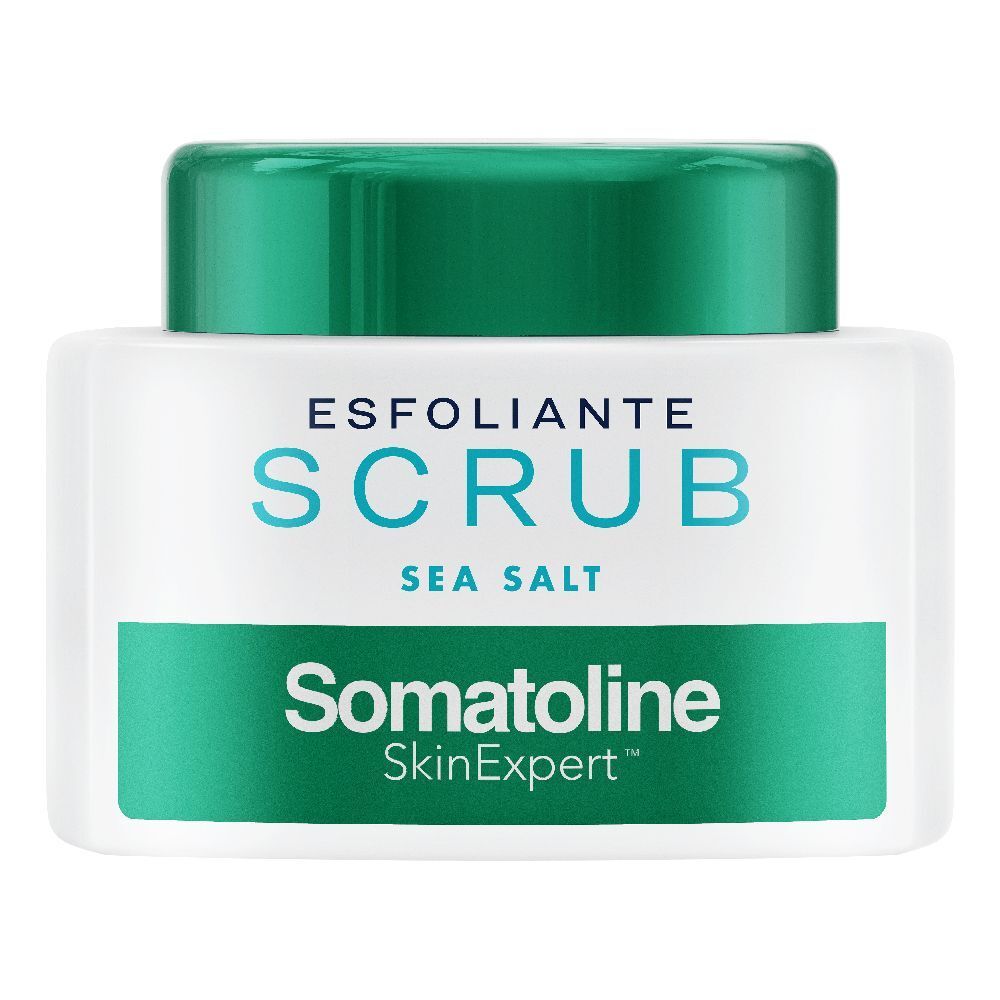 Vasetto bianco con coperchio verde. Scritta: ESFOLIANTE SCRUB SEA SALT. Marchio: Somatoline SkinExpert.