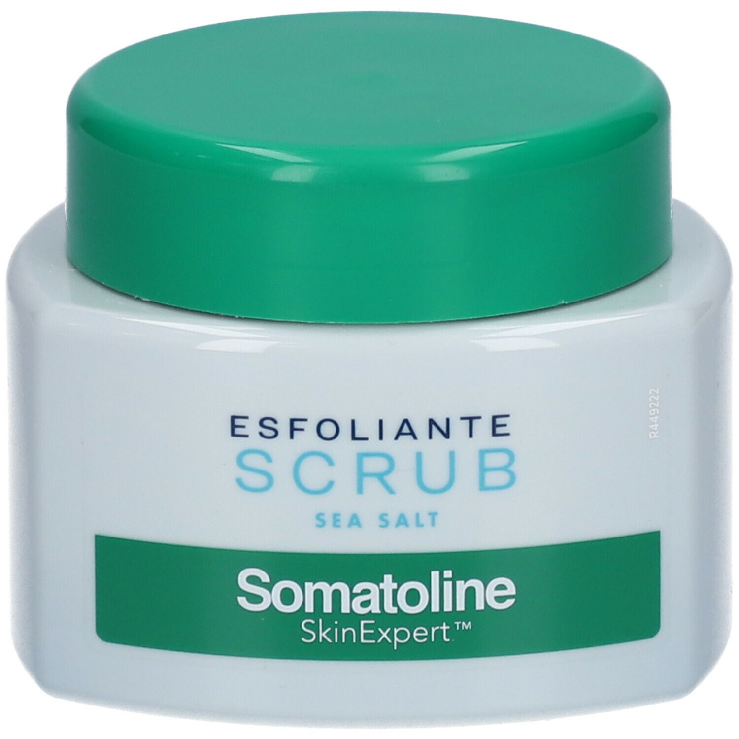 Vasetto bianco con coperchio verde. Scritta: ESFOLIANTE SCRUB SEA SALT. Marchio: Somatoline SkinExpert.