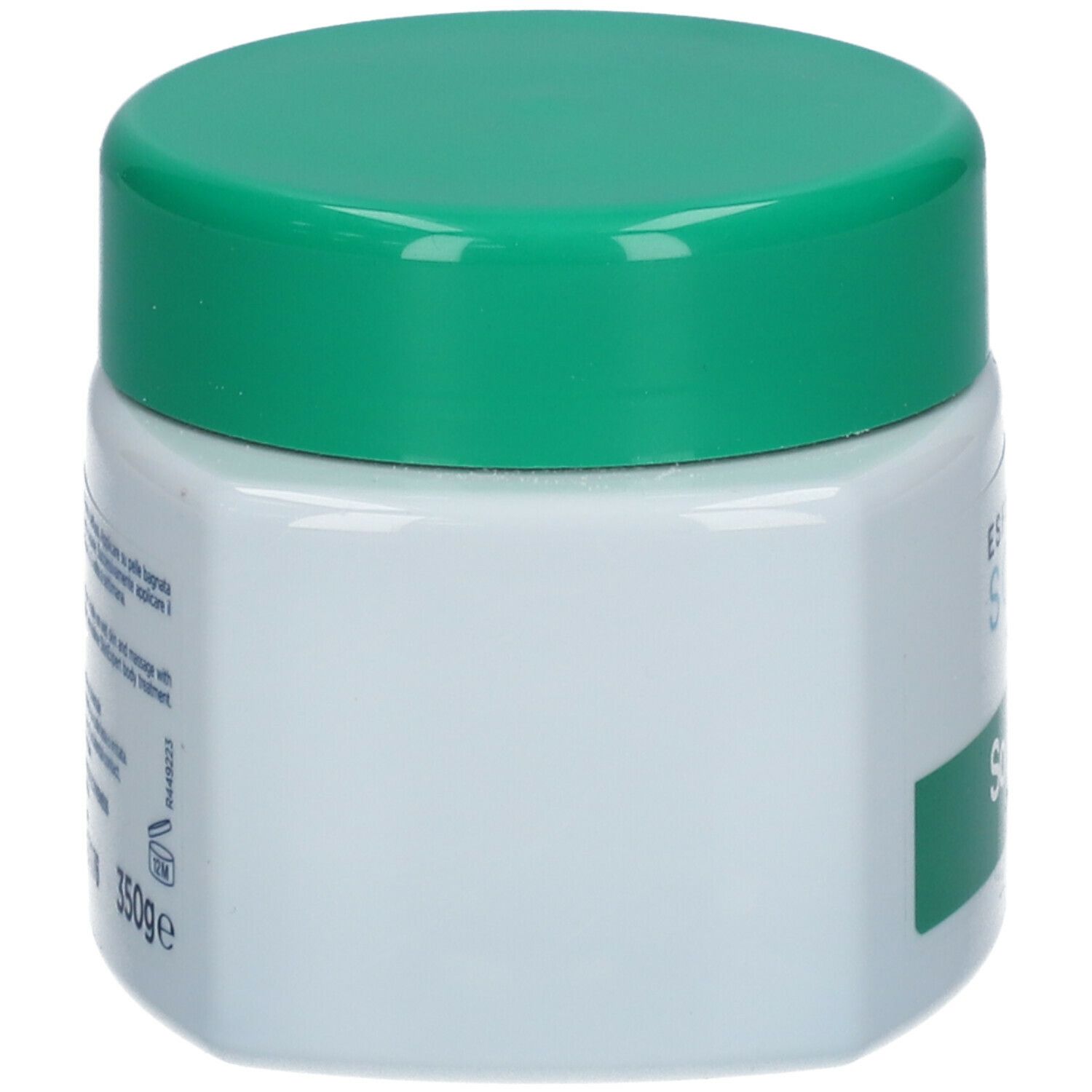 Vasetto bianco con coperchio verde. Retro con testo e indicazione 350g. Forma quadrata.