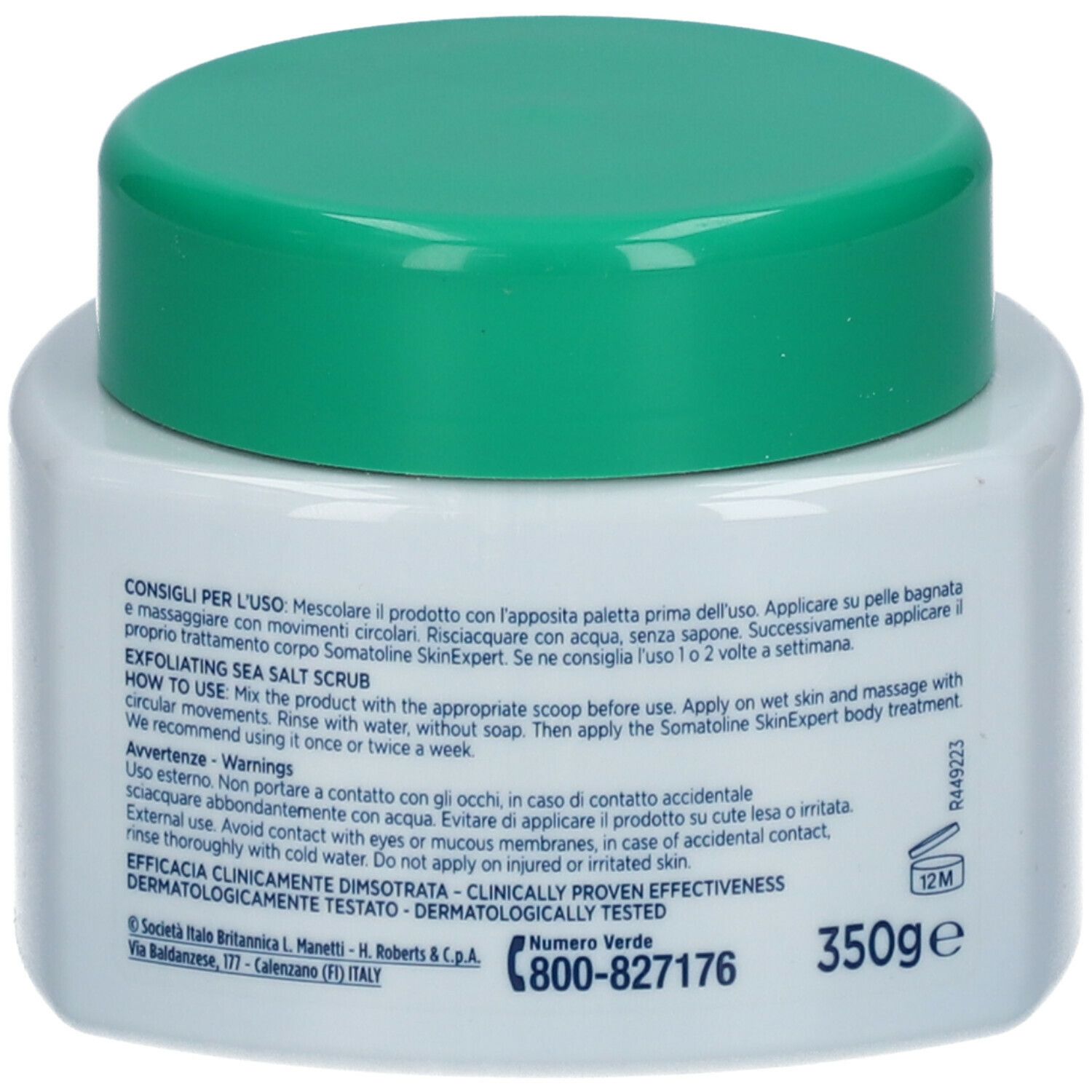 Vasetto bianco con coperchio verde. Retro con testo e indicazione 350g. Forma quadrata.