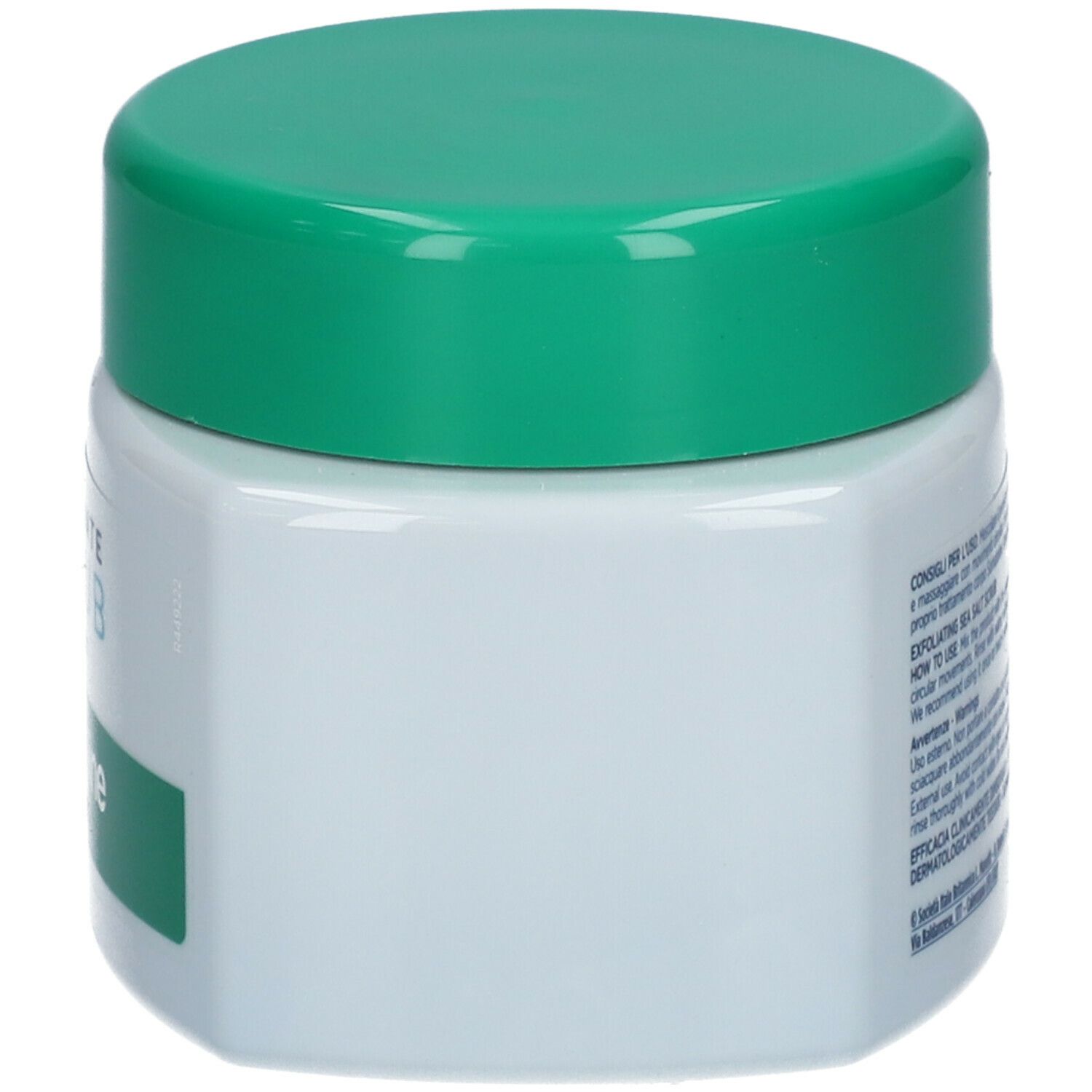 Vasetto bianco con coperchio verde. Retro con testo e indicazione 350g. Forma quadrata.
