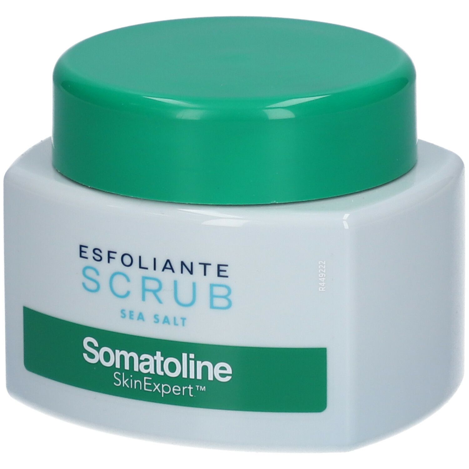 Vasetto bianco con coperchio verde. Scritta: ESFOLIANTE SCRUB SEA SALT. Marchio: Somatoline SkinExpert.