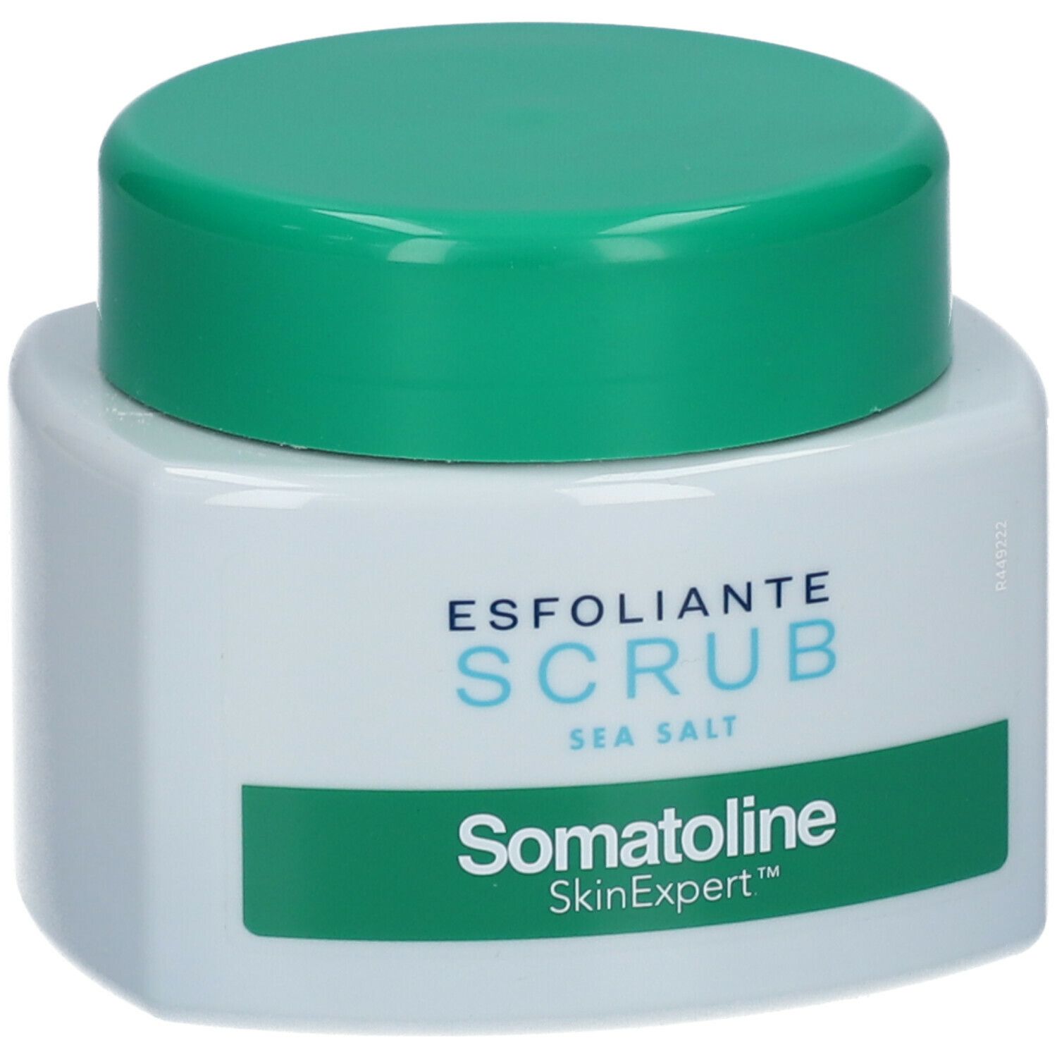 Vasetto bianco con coperchio verde. Scritta: ESFOLIANTE SCRUB SEA SALT. Marchio: Somatoline SkinExpert.