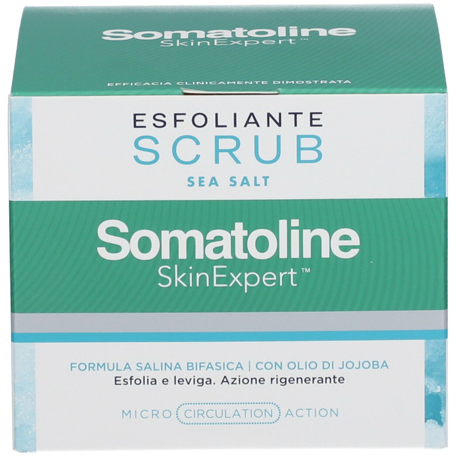 Confezione prodotto verde e bianca. Scritta: ESFOLIANTE SCRUB SEA SALT. Marchio: Somatoline SkinExpert. Testo: FORMULA SALINA BIFASICA.