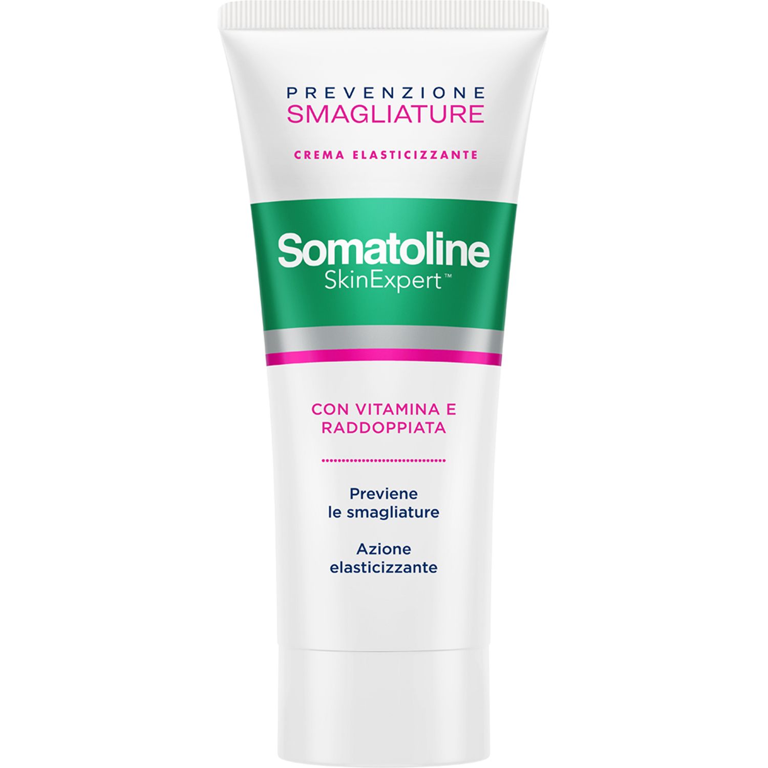 Tubo bianco con fascia verde. Testo: Somatoline SkinExpert, Prevenzione Smagliature, Crema Elasticizzante.