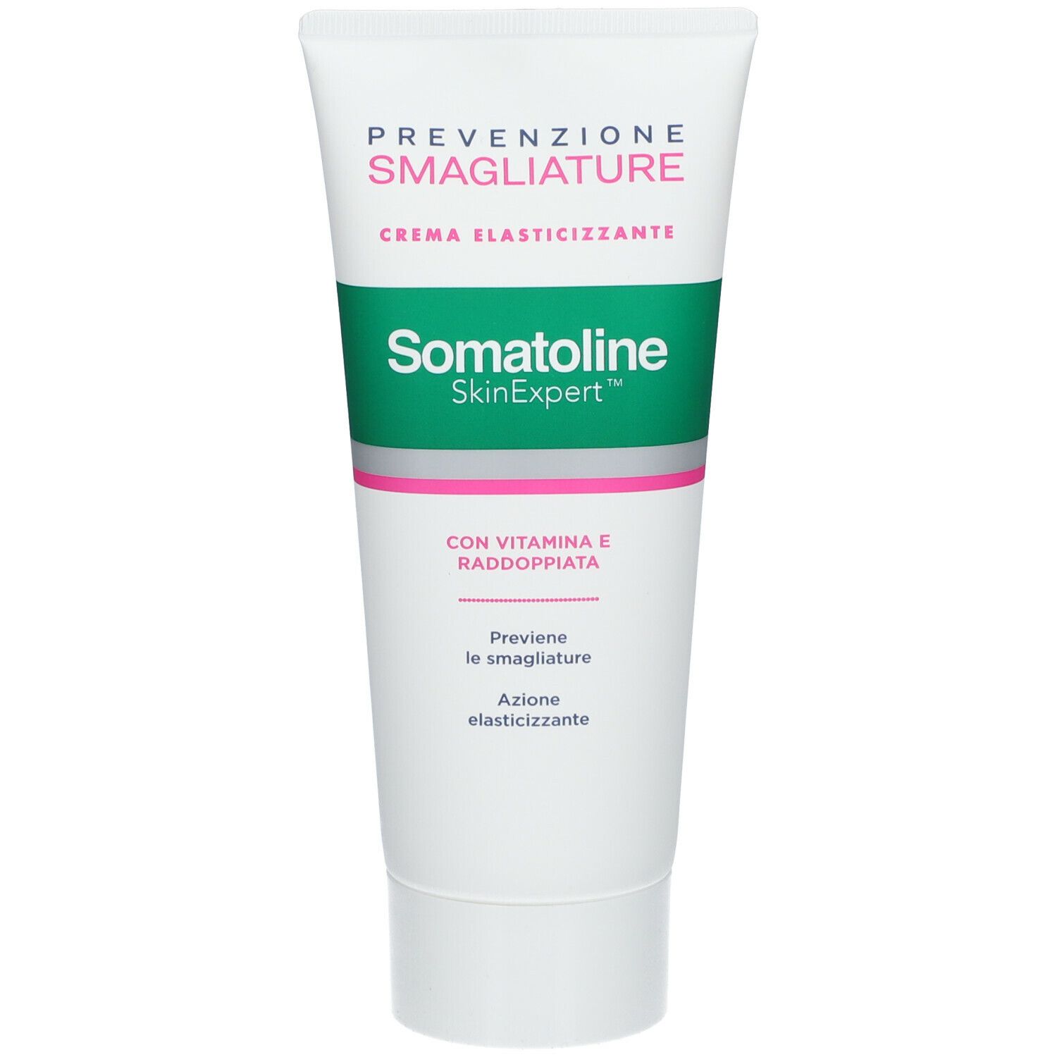 Tubo bianco con fascia verde. Testo: Somatoline SkinExpert, Prevenzione Smagliature, Crema Elasticizzante.