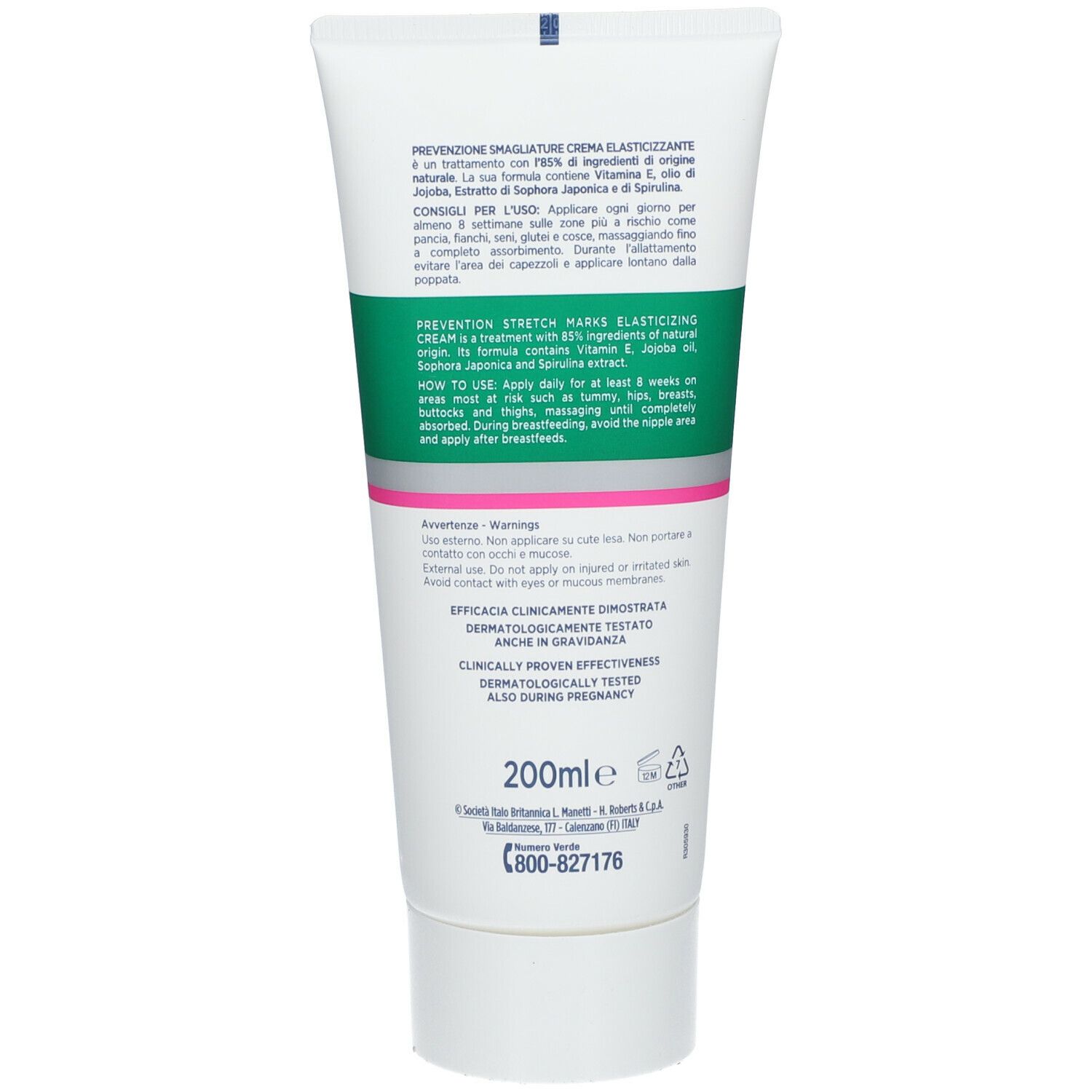Retro del tubo. Testo: Prevenzione Smagliature Crema Elasticizzante. 200ml. Clinicamente testato. Avvertenze.