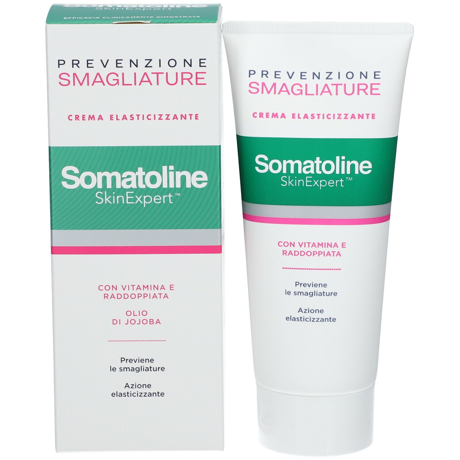 Confezione del prodotto: tubo e scatola. Testo: Somatoline SkinExpert, Prevenzione Smagliature, Crema Elasticizzante.
