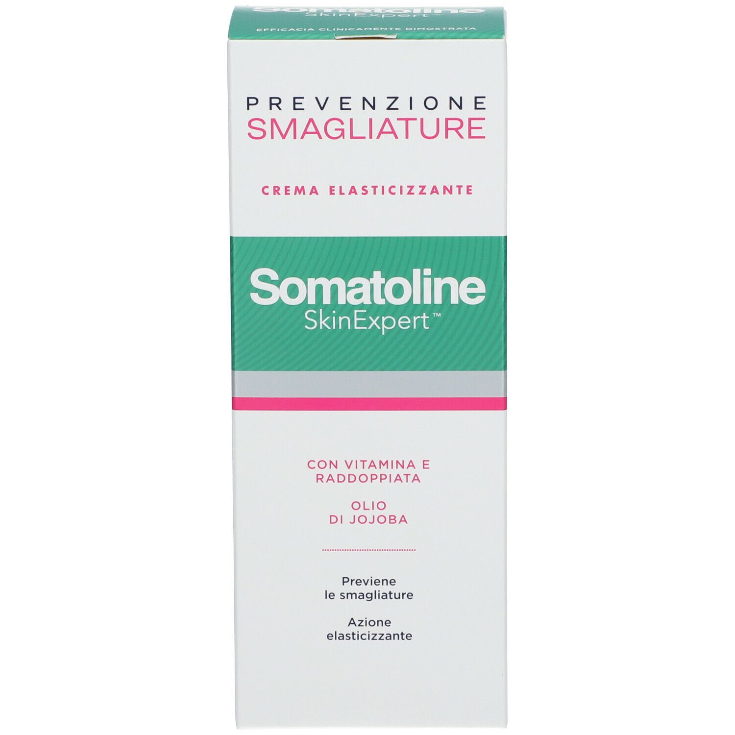 Confezione del prodotto: scatola. Testo: Somatoline SkinExpert, Prevenzione Smagliature, Crema Elasticizzante, Olio di Jojoba.